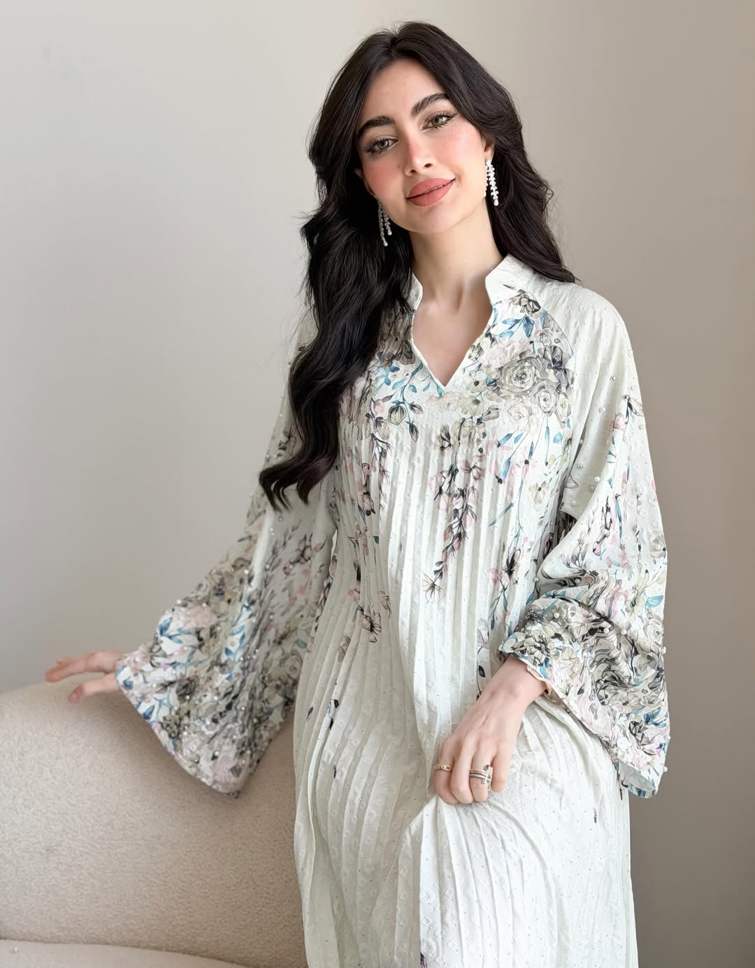2026 Floral Print Stand Collar V Notch Pleated Smocking Front Beaded Pearl Accent Wide Flare Sleeve Loose Maxi Kaftan Abaya Jalabiya Modest Dress 2 Colors Pink Blue For Muslim Women Eid Ramadan Daily Casual