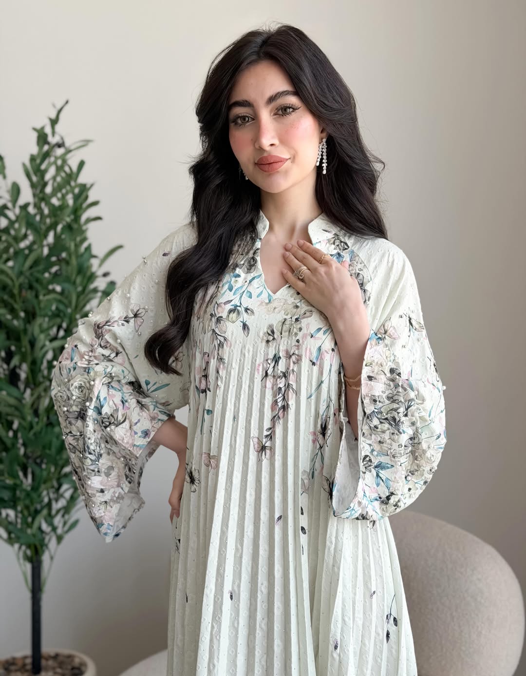2026 Floral Print Stand Collar V Notch Pleated Smocking Front Beaded Pearl Accent Wide Flare Sleeve Loose Maxi Kaftan Abaya Jalabiya Modest Dress 2 Colors Pink Blue For Muslim Women Eid Ramadan Daily Casual
