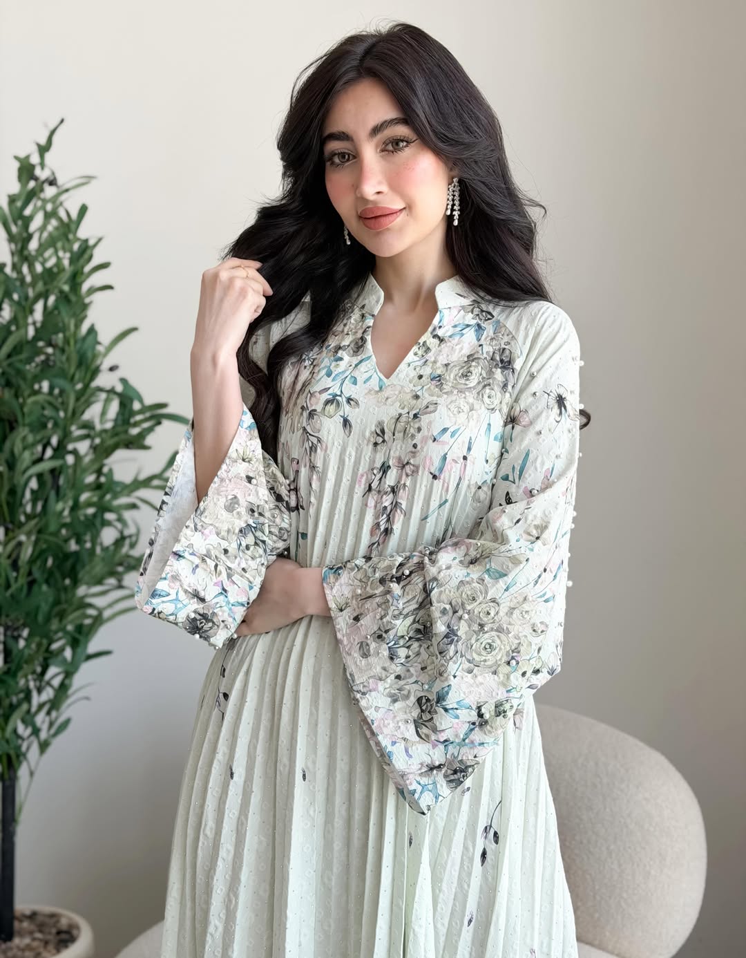 2026 Floral Print Stand Collar V Notch Pleated Smocking Front Beaded Pearl Accent Wide Flare Sleeve Loose Maxi Kaftan Abaya Jalabiya Modest Dress 2 Colors Pink Blue For Muslim Women Eid Ramadan Daily Casual