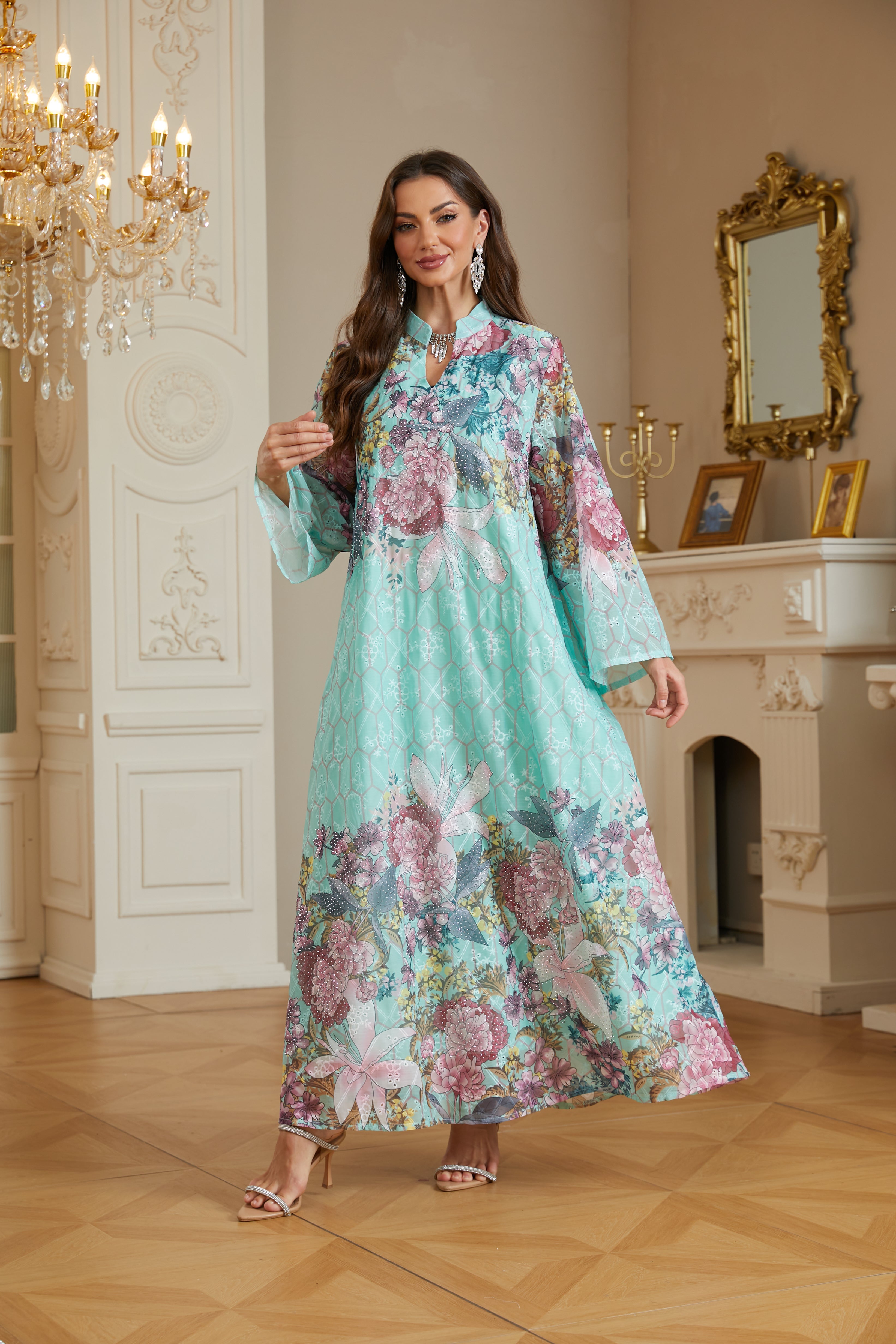 Apricot Green Two Colors Kaftan Abaya Jalabiya Modest Maxi Dress for Muslim Women Eid Ramadan Daily Wear Loose Floor Length Long Robe S-XXL