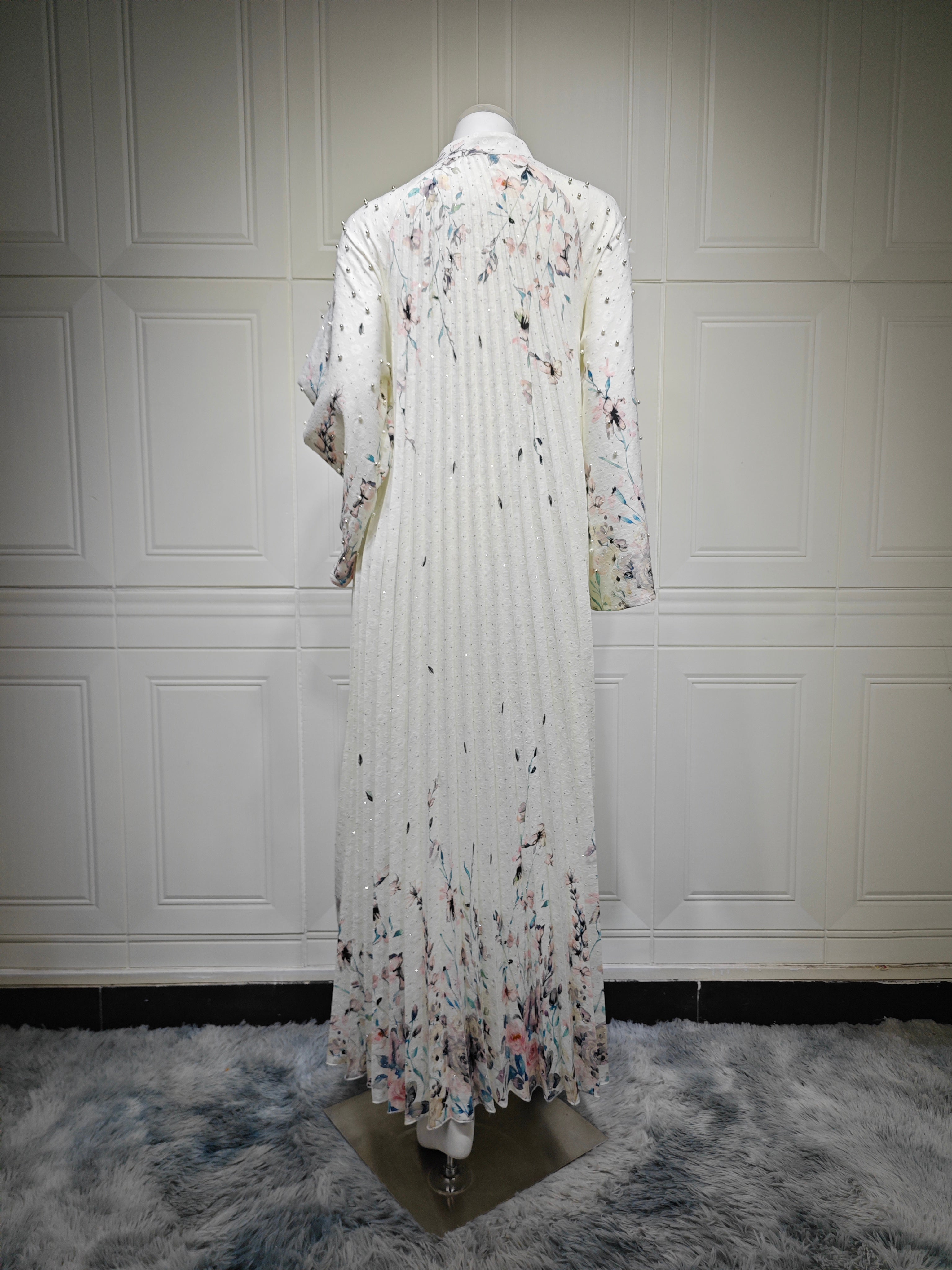 2026 Floral Print Stand Collar V Notch Pleated Smocking Front Beaded Pearl Accent Wide Flare Sleeve Loose Maxi Kaftan Abaya Jalabiya Modest Dress 2 Colors Pink Blue For Muslim Women Eid Ramadan Daily Casual