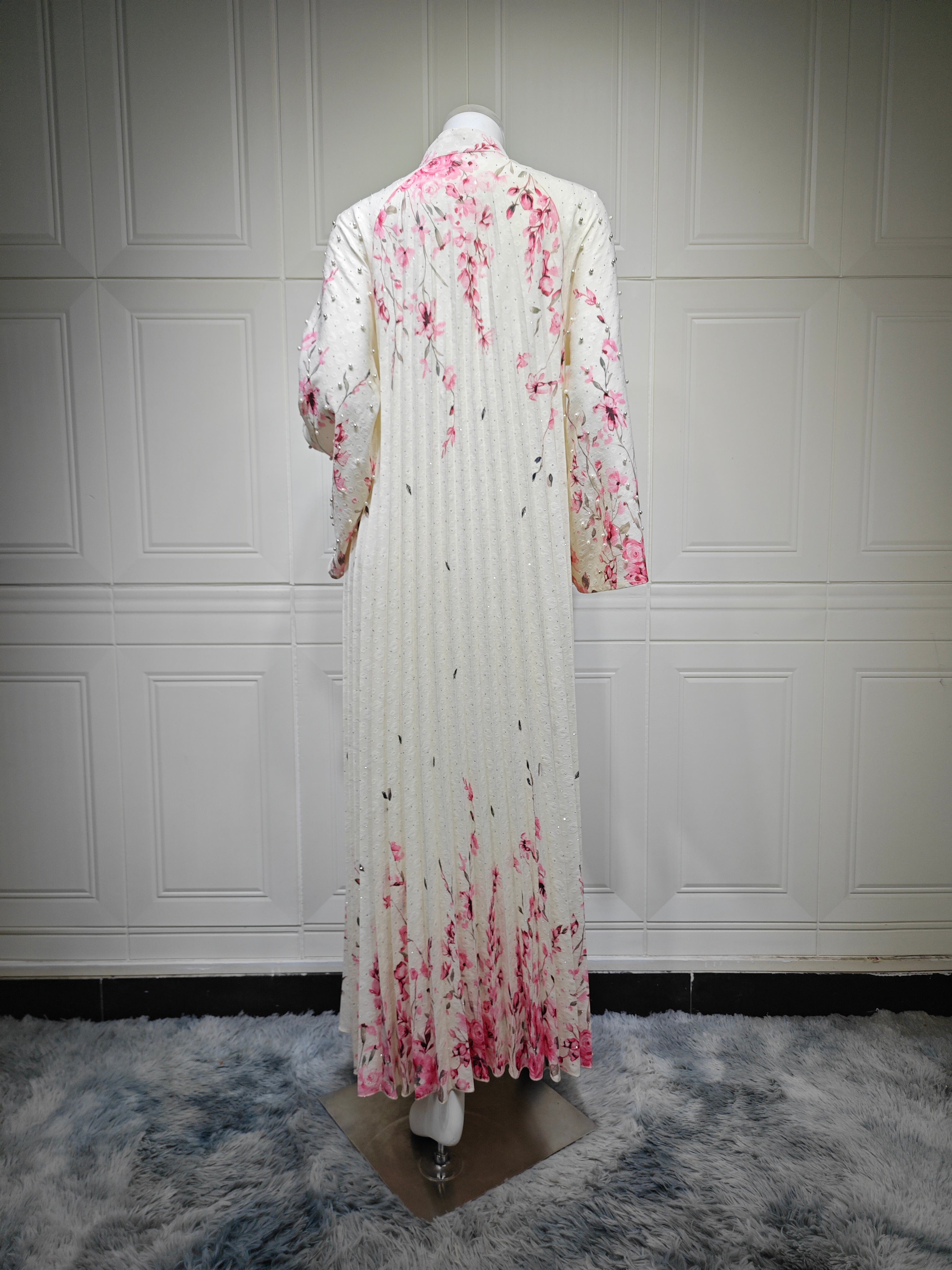 2026 Floral Print Stand Collar V Notch Pleated Smocking Front Beaded Pearl Accent Wide Flare Sleeve Loose Maxi Kaftan Abaya Jalabiya Modest Dress 2 Colors Pink Blue For Muslim Women Eid Ramadan Daily Casual