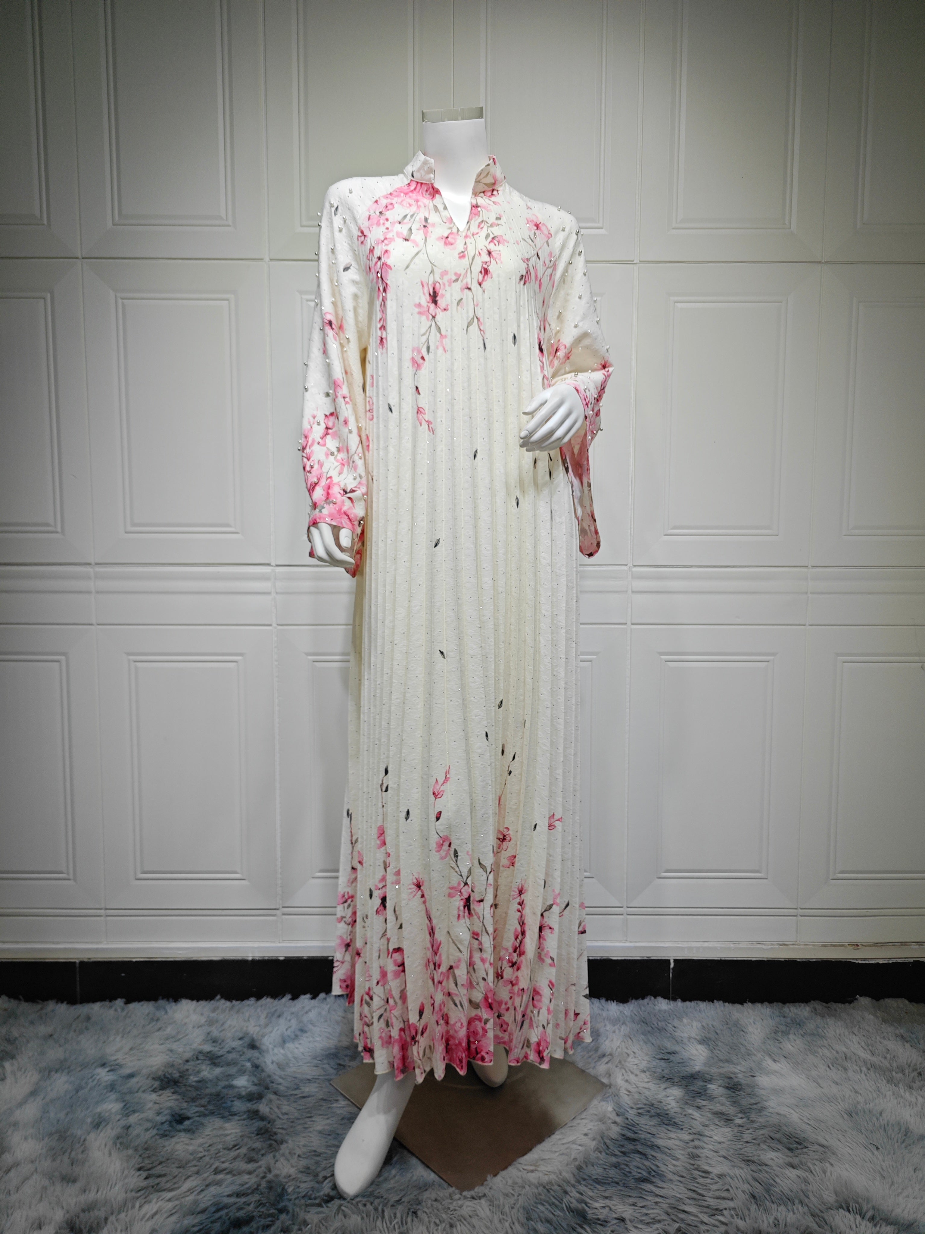 2026 Floral Print Stand Collar V Notch Pleated Smocking Front Beaded Pearl Accent Wide Flare Sleeve Loose Maxi Kaftan Abaya Jalabiya Modest Dress 2 Colors Pink Blue For Muslim Women Eid Ramadan Daily Casual
