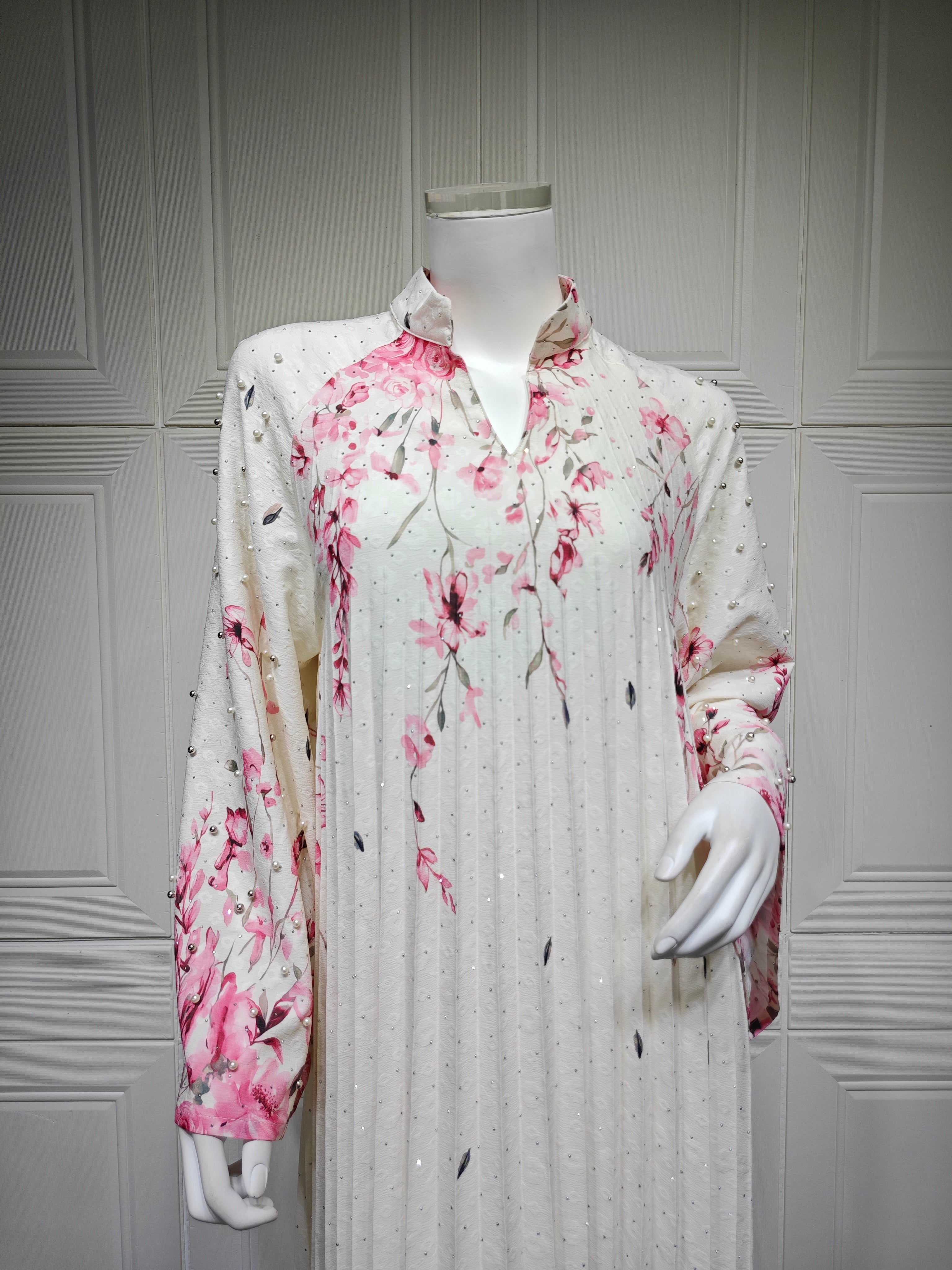 2026 Floral Print Stand Collar V Notch Pleated Smocking Front Beaded Pearl Accent Wide Flare Sleeve Loose Maxi Kaftan Abaya Jalabiya Modest Dress 2 Colors Pink Blue For Muslim Women Eid Ramadan Daily Casual