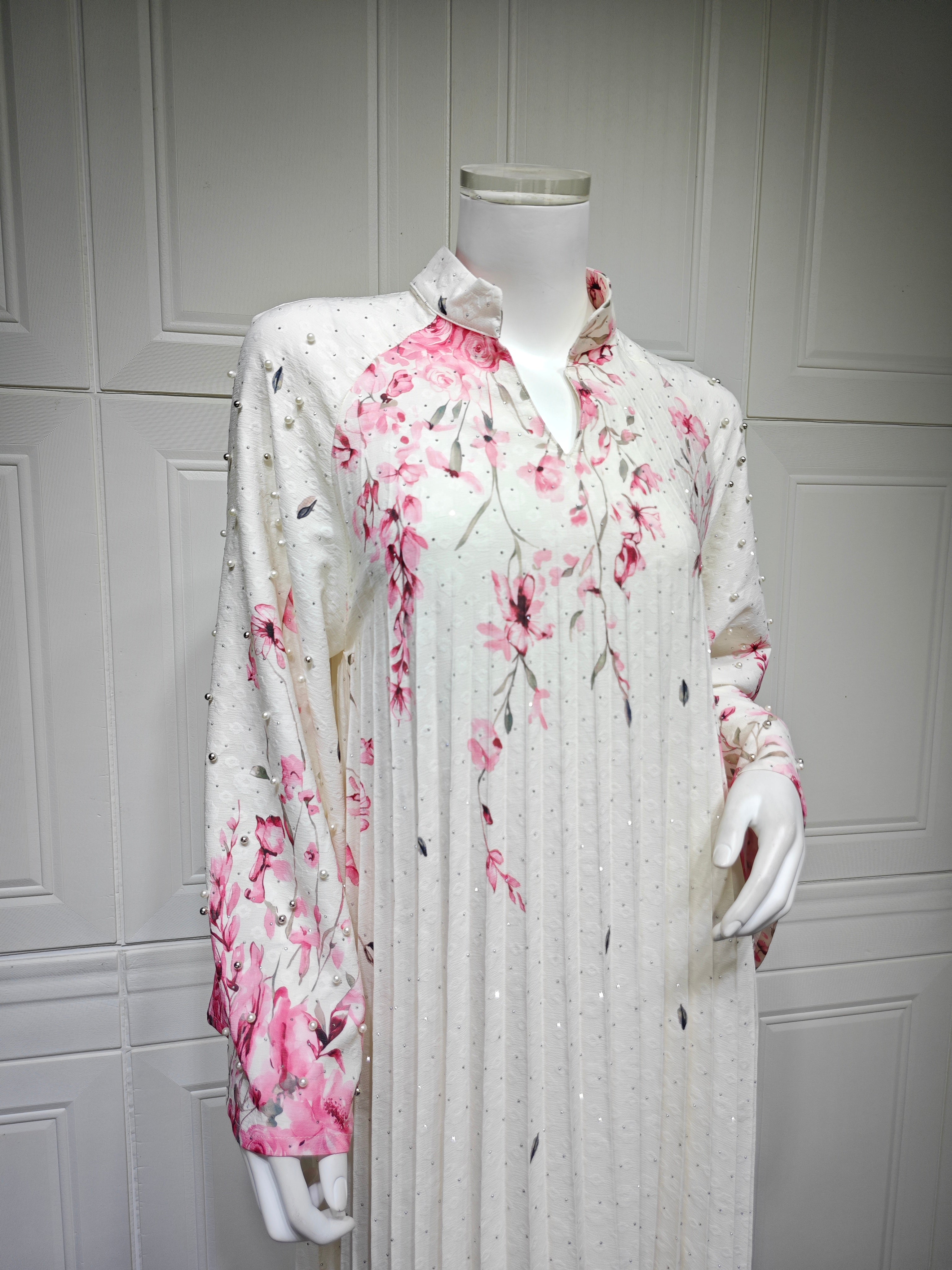 2026 Floral Print Stand Collar V Notch Pleated Smocking Front Beaded Pearl Accent Wide Flare Sleeve Loose Maxi Kaftan Abaya Jalabiya Modest Dress 2 Colors Pink Blue For Muslim Women Eid Ramadan Daily Casual