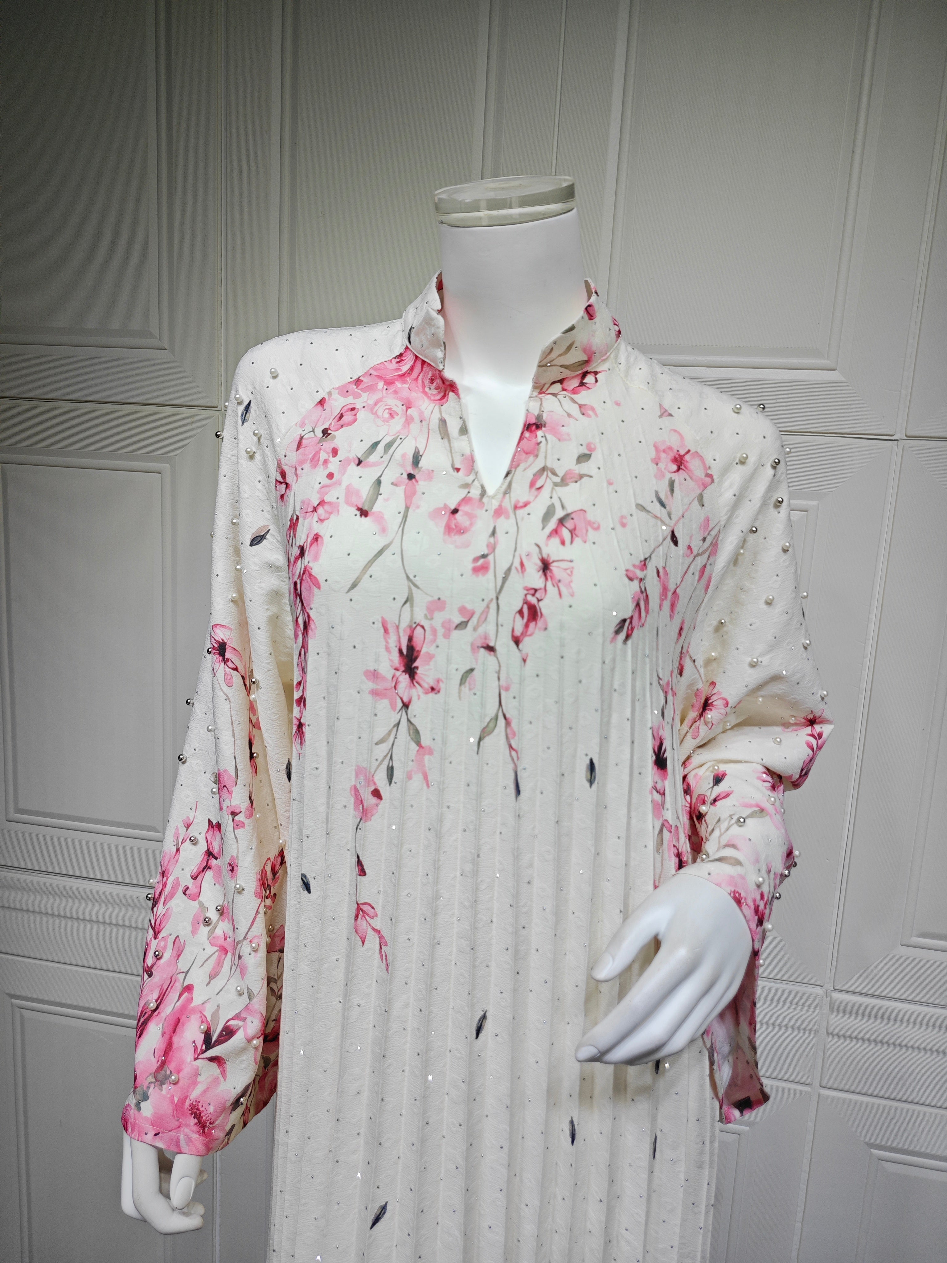 2026 Floral Print Stand Collar V Notch Pleated Smocking Front Beaded Pearl Accent Wide Flare Sleeve Loose Maxi Kaftan Abaya Jalabiya Modest Dress 2 Colors Pink Blue For Muslim Women Eid Ramadan Daily Casual