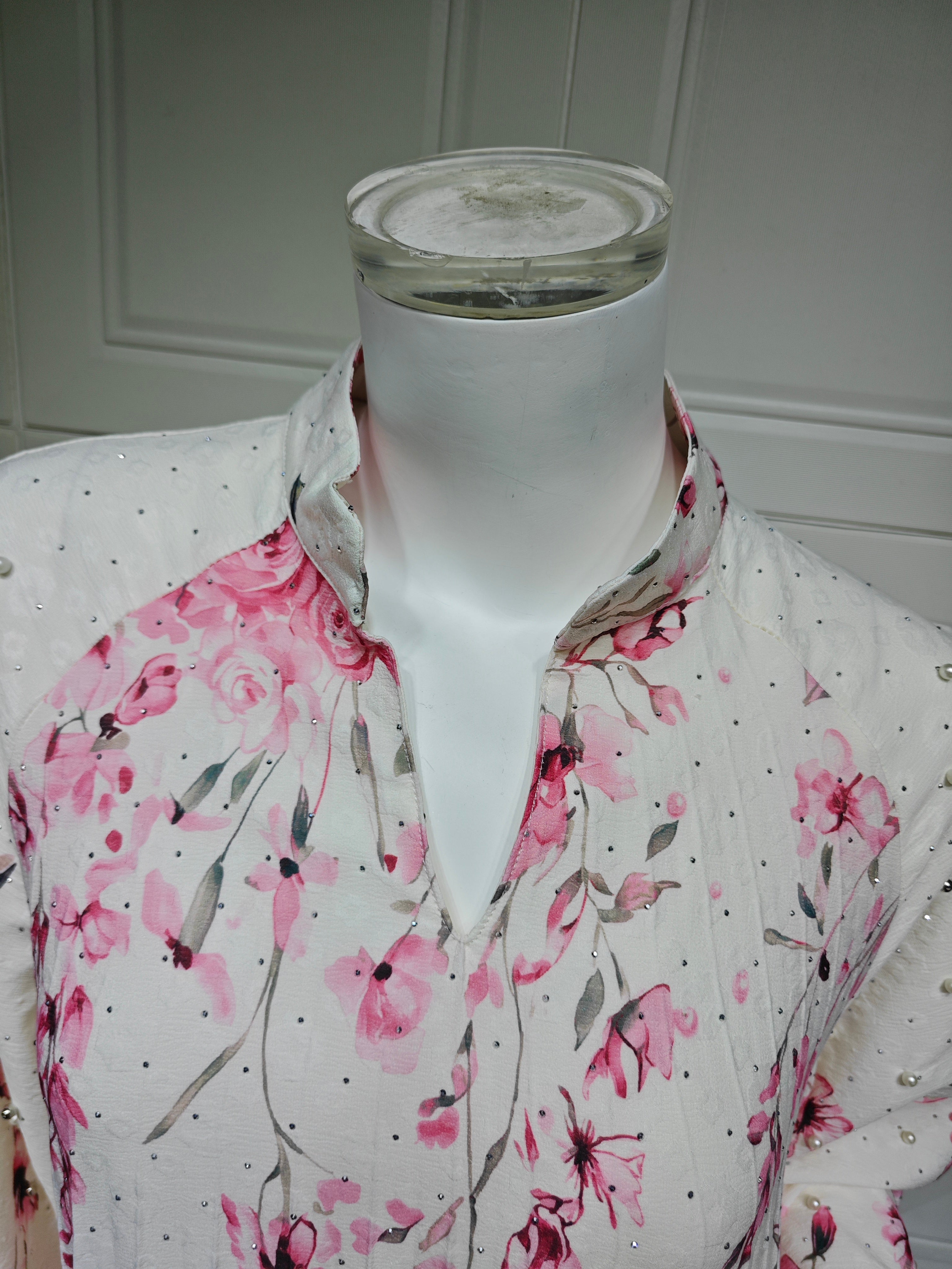 2026 Floral Print Stand Collar V Notch Pleated Smocking Front Beaded Pearl Accent Wide Flare Sleeve Loose Maxi Kaftan Abaya Jalabiya Modest Dress 2 Colors Pink Blue For Muslim Women Eid Ramadan Daily Casual