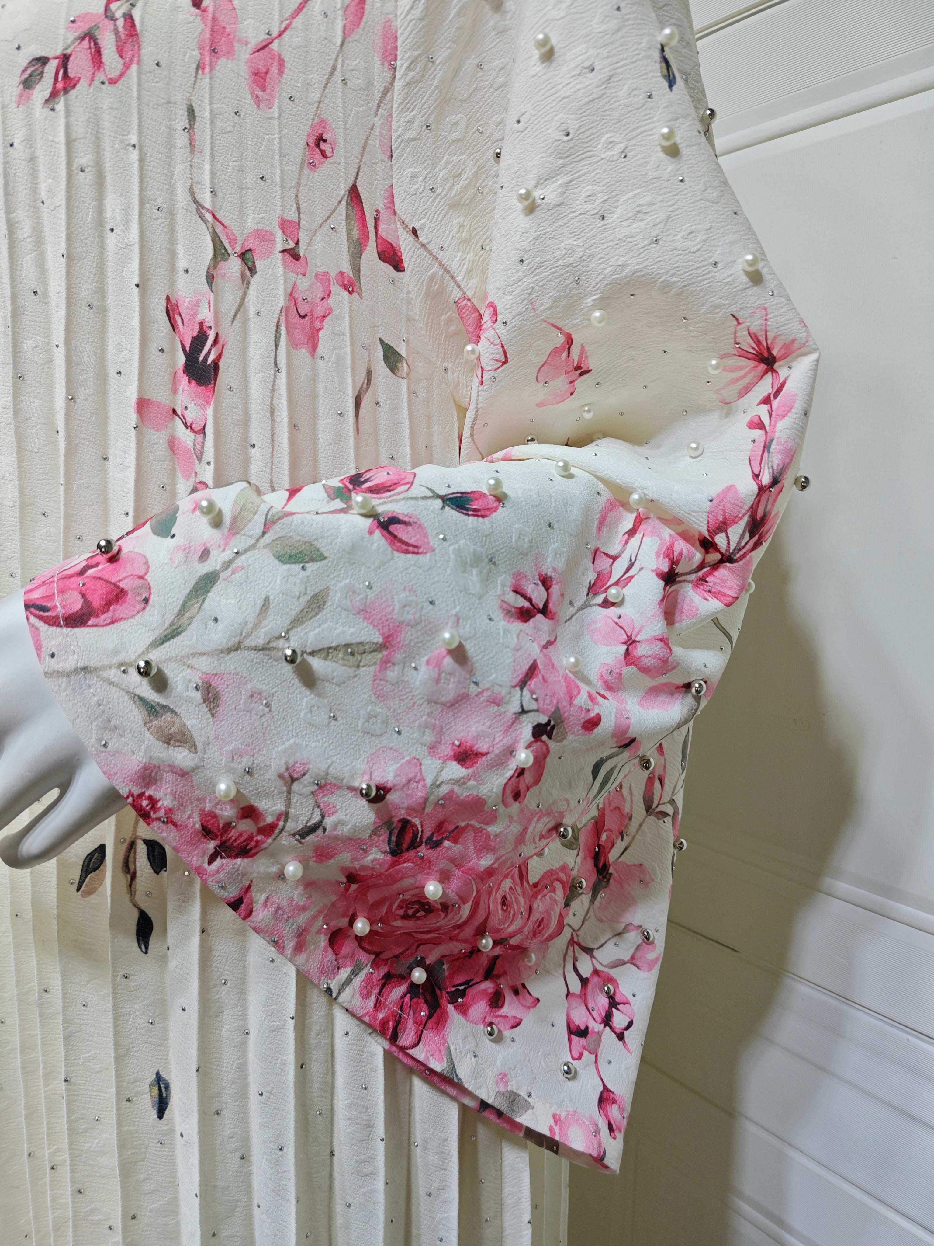 2026 Floral Print Stand Collar V Notch Pleated Smocking Front Beaded Pearl Accent Wide Flare Sleeve Loose Maxi Kaftan Abaya Jalabiya Modest Dress 2 Colors Pink Blue For Muslim Women Eid Ramadan Daily Casual