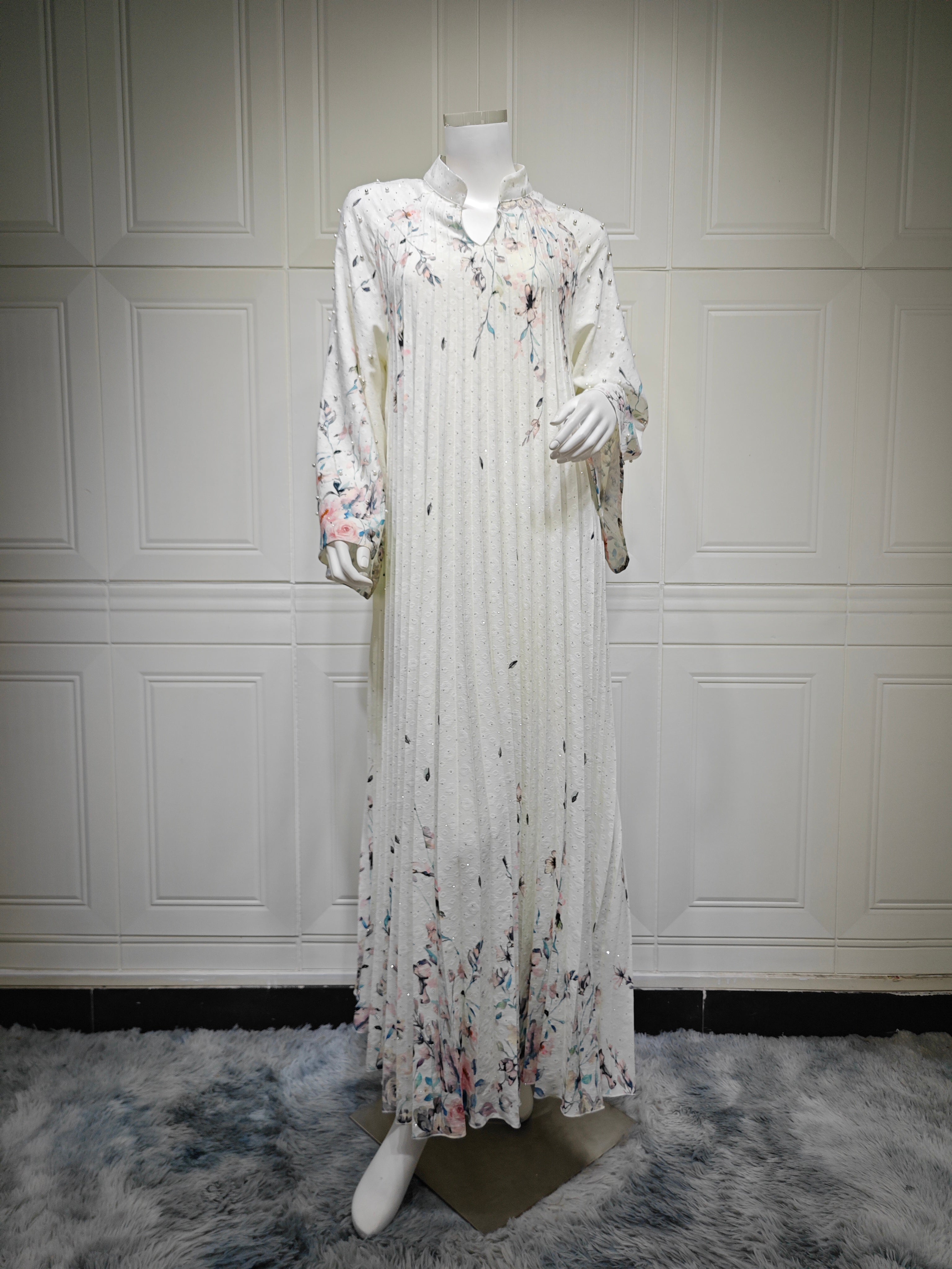 2026 Floral Print Stand Collar V Notch Pleated Smocking Front Beaded Pearl Accent Wide Flare Sleeve Loose Maxi Kaftan Abaya Jalabiya Modest Dress 2 Colors Pink Blue For Muslim Women Eid Ramadan Daily Casual