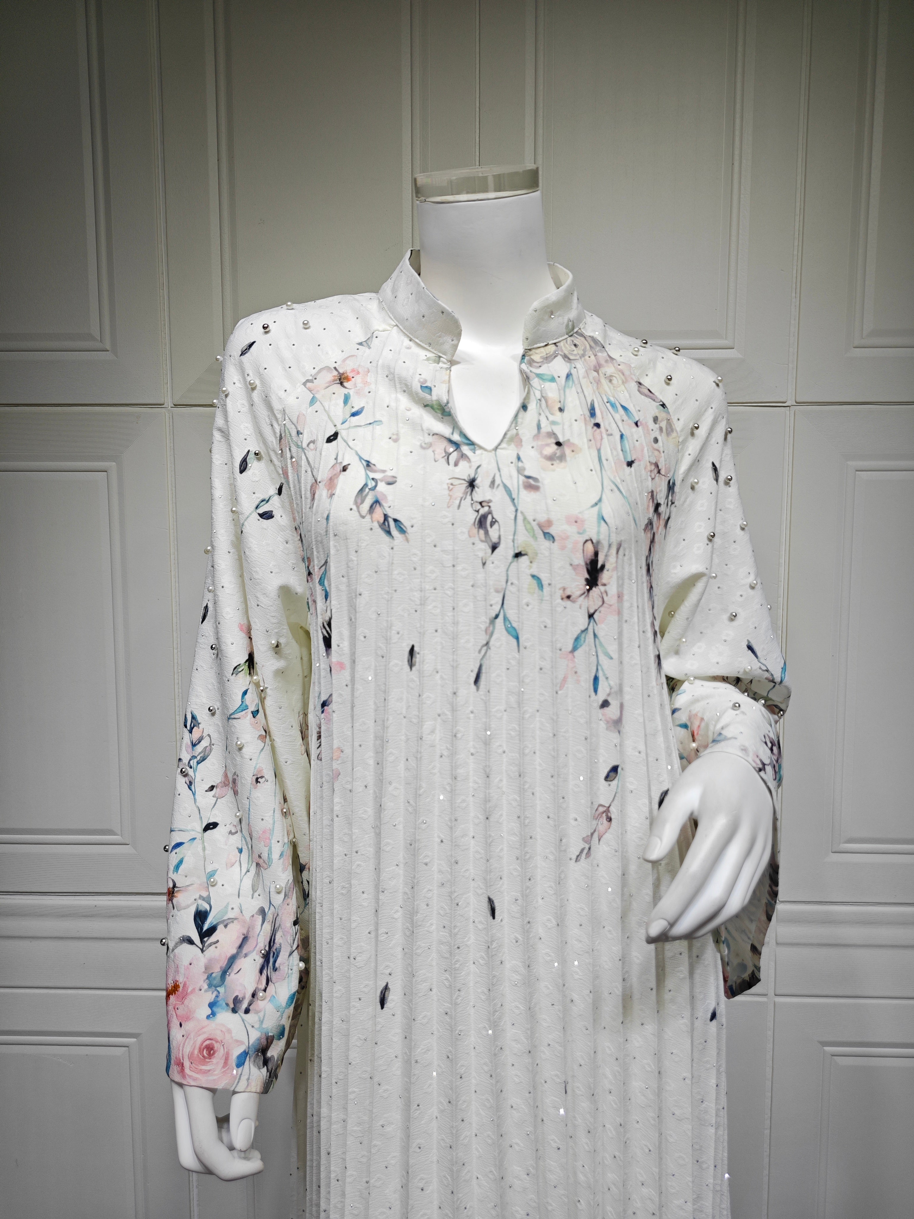 2026 Floral Print Stand Collar V Notch Pleated Smocking Front Beaded Pearl Accent Wide Flare Sleeve Loose Maxi Kaftan Abaya Jalabiya Modest Dress 2 Colors Pink Blue For Muslim Women Eid Ramadan Daily Casual