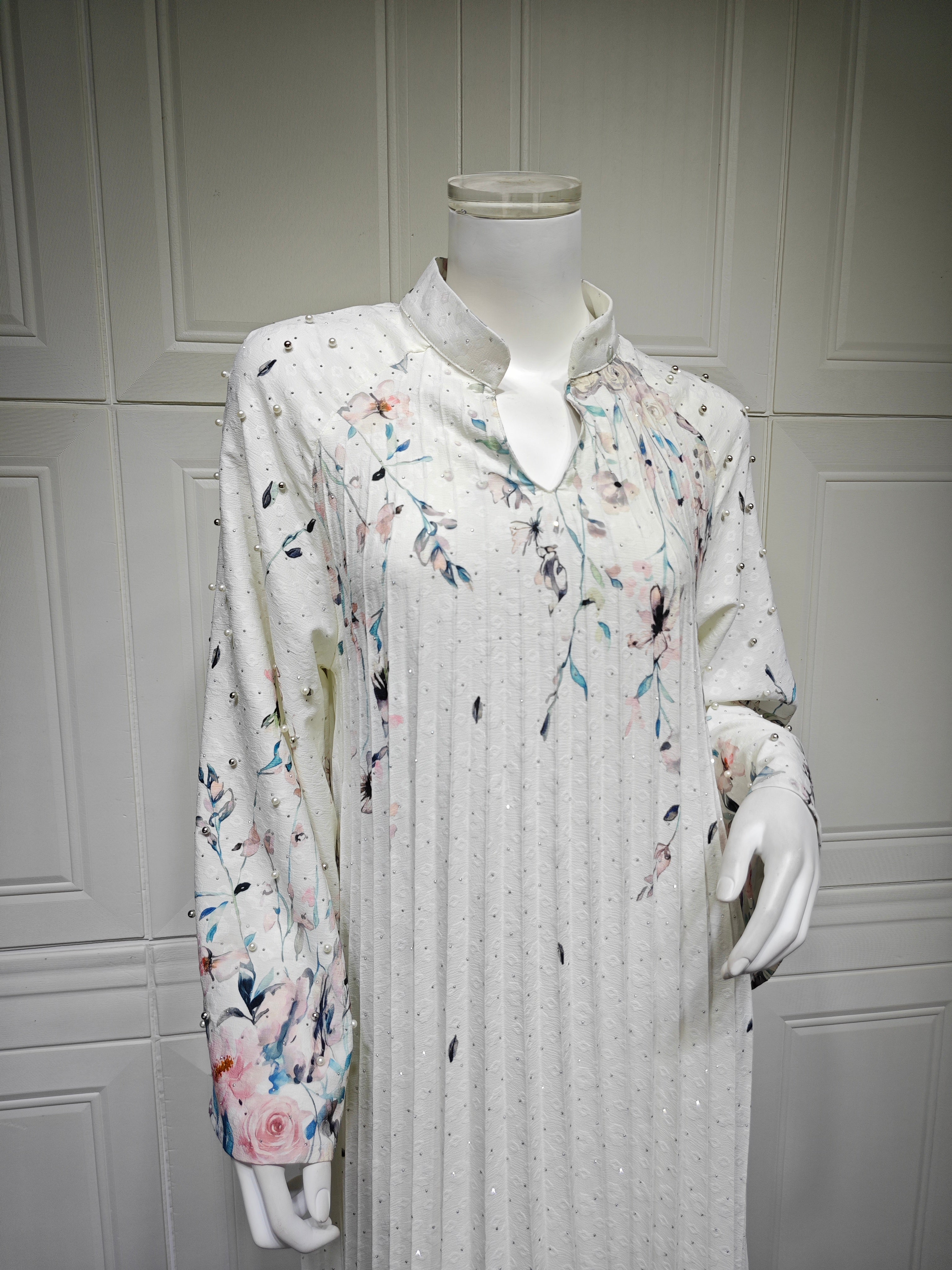 2026 Floral Print Stand Collar V Notch Pleated Smocking Front Beaded Pearl Accent Wide Flare Sleeve Loose Maxi Kaftan Abaya Jalabiya Modest Dress 2 Colors Pink Blue For Muslim Women Eid Ramadan Daily Casual