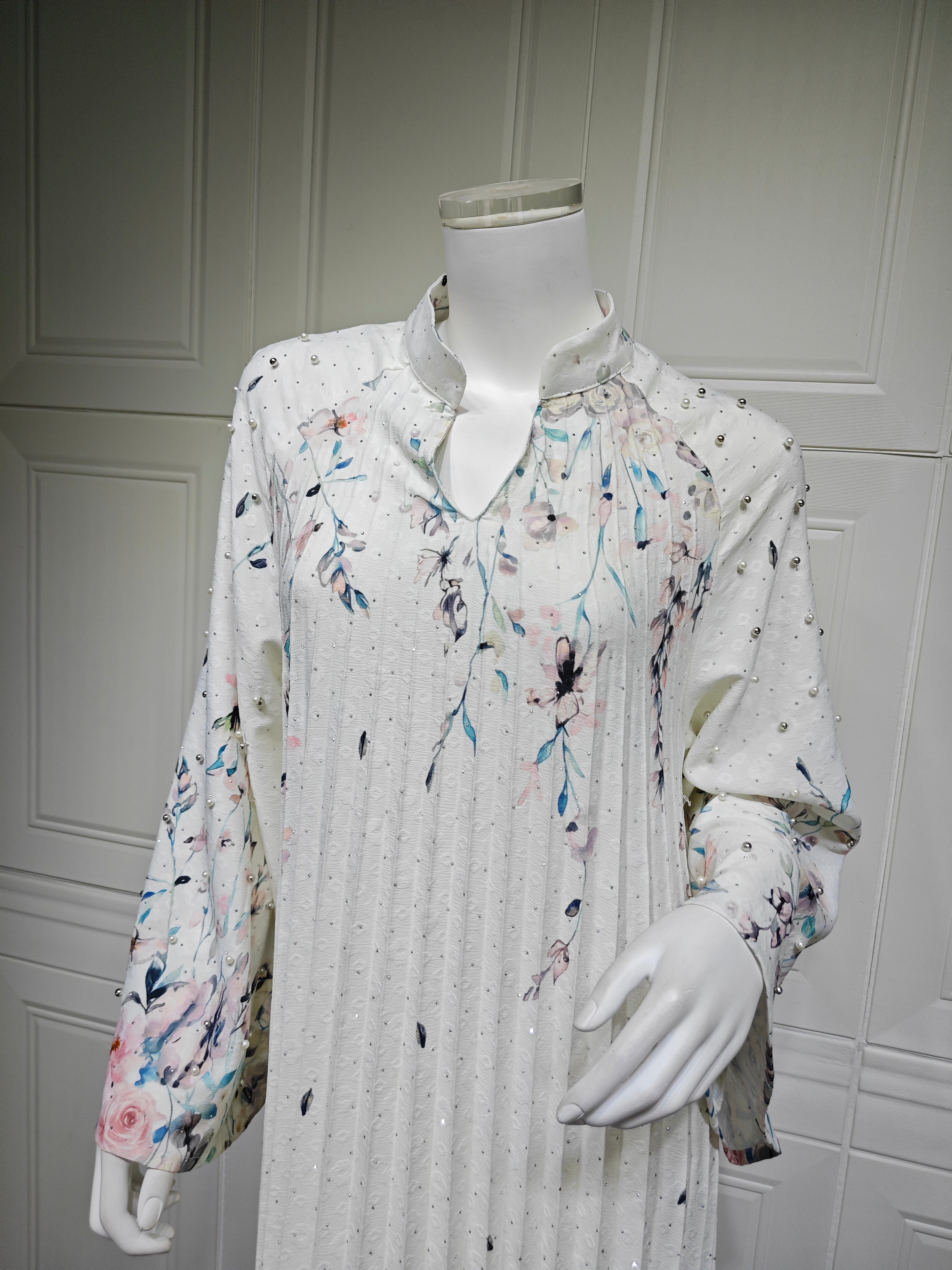 2026 Floral Print Stand Collar V Notch Pleated Smocking Front Beaded Pearl Accent Wide Flare Sleeve Loose Maxi Kaftan Abaya Jalabiya Modest Dress 2 Colors Pink Blue For Muslim Women Eid Ramadan Daily Casual