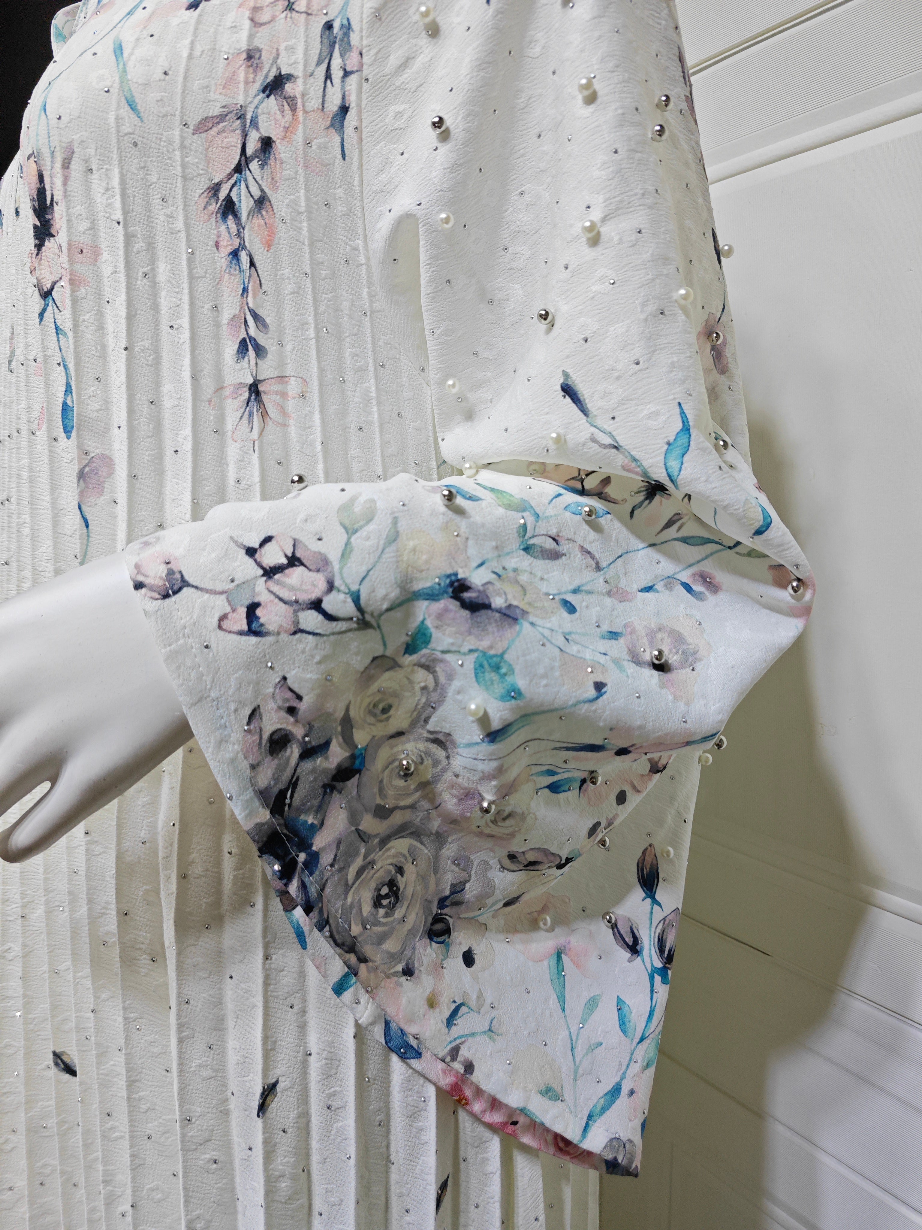 2026 Floral Print Stand Collar V Notch Pleated Smocking Front Beaded Pearl Accent Wide Flare Sleeve Loose Maxi Kaftan Abaya Jalabiya Modest Dress 2 Colors Pink Blue For Muslim Women Eid Ramadan Daily Casual