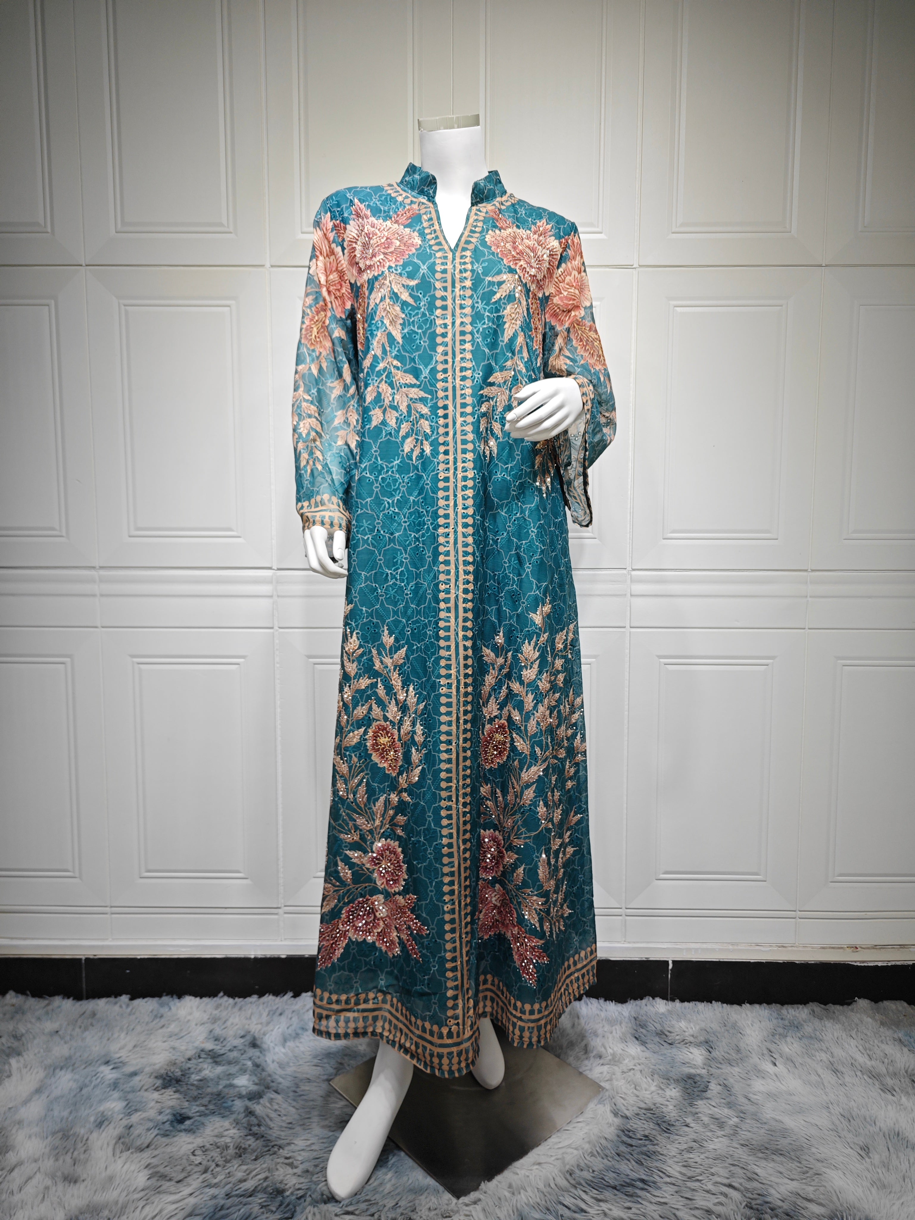Elegant Peacock Blue Kaftan Abaya Jalabiya Modest Maxi Dress for Muslim Women Eid Ramadan Daily Wear Loose Floor Length Long Robe S-XXL