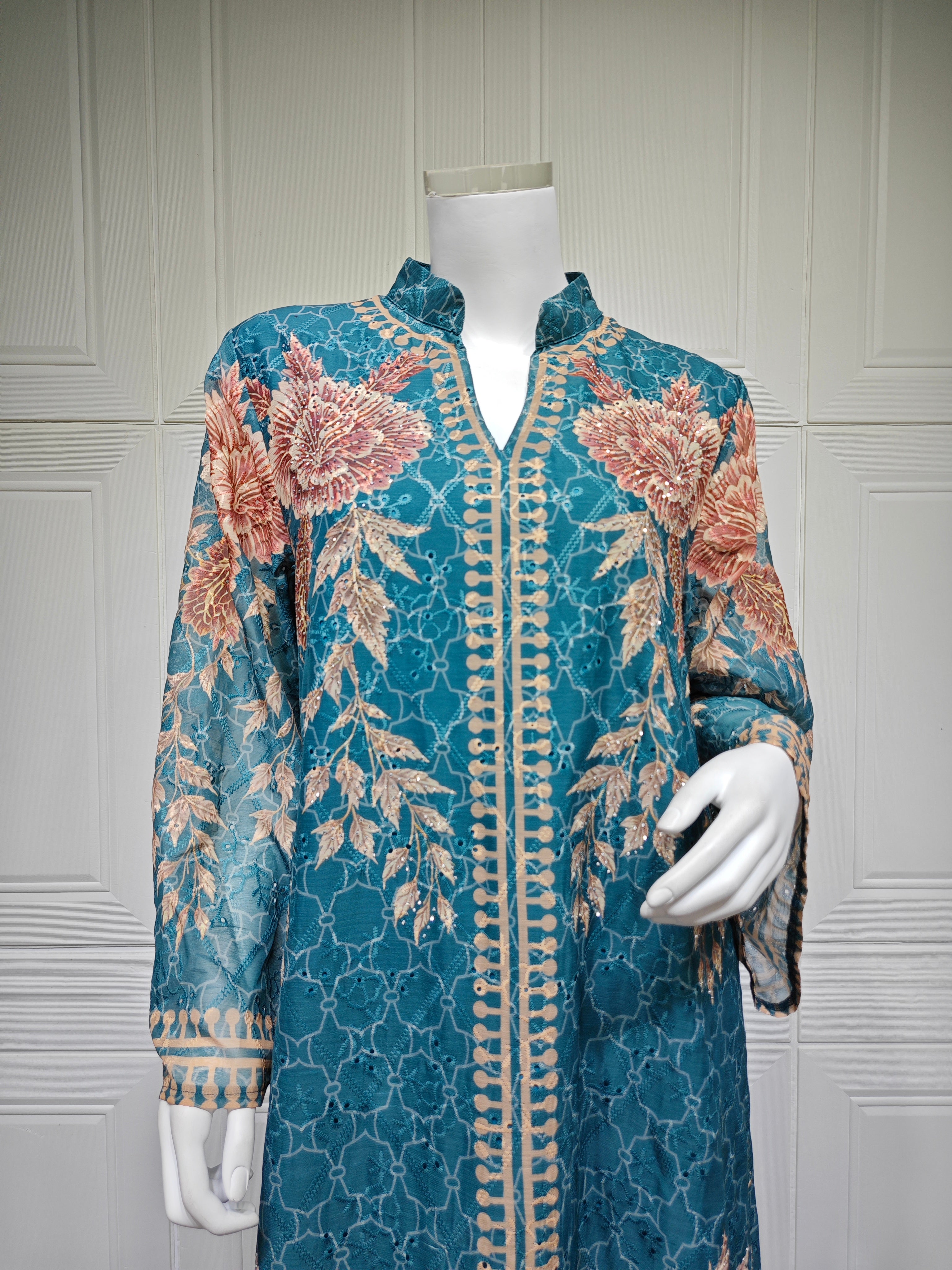 Elegant Peacock Blue Kaftan Abaya Jalabiya Modest Maxi Dress for Muslim Women Eid Ramadan Daily Wear Loose Floor Length Long Robe S-XXL