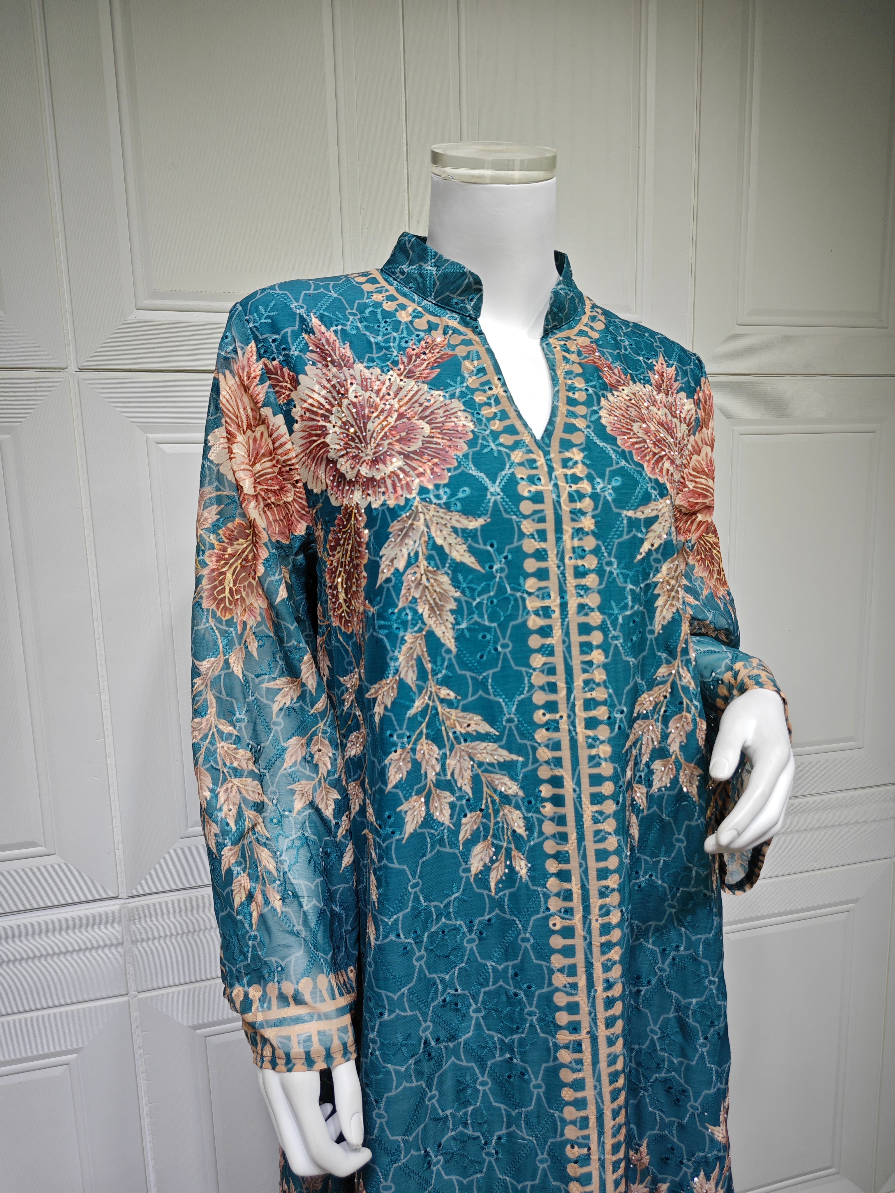 Elegant Peacock Blue Kaftan Abaya Jalabiya Modest Maxi Dress for Muslim Women Eid Ramadan Daily Wear Loose Floor Length Long Robe S-XXL