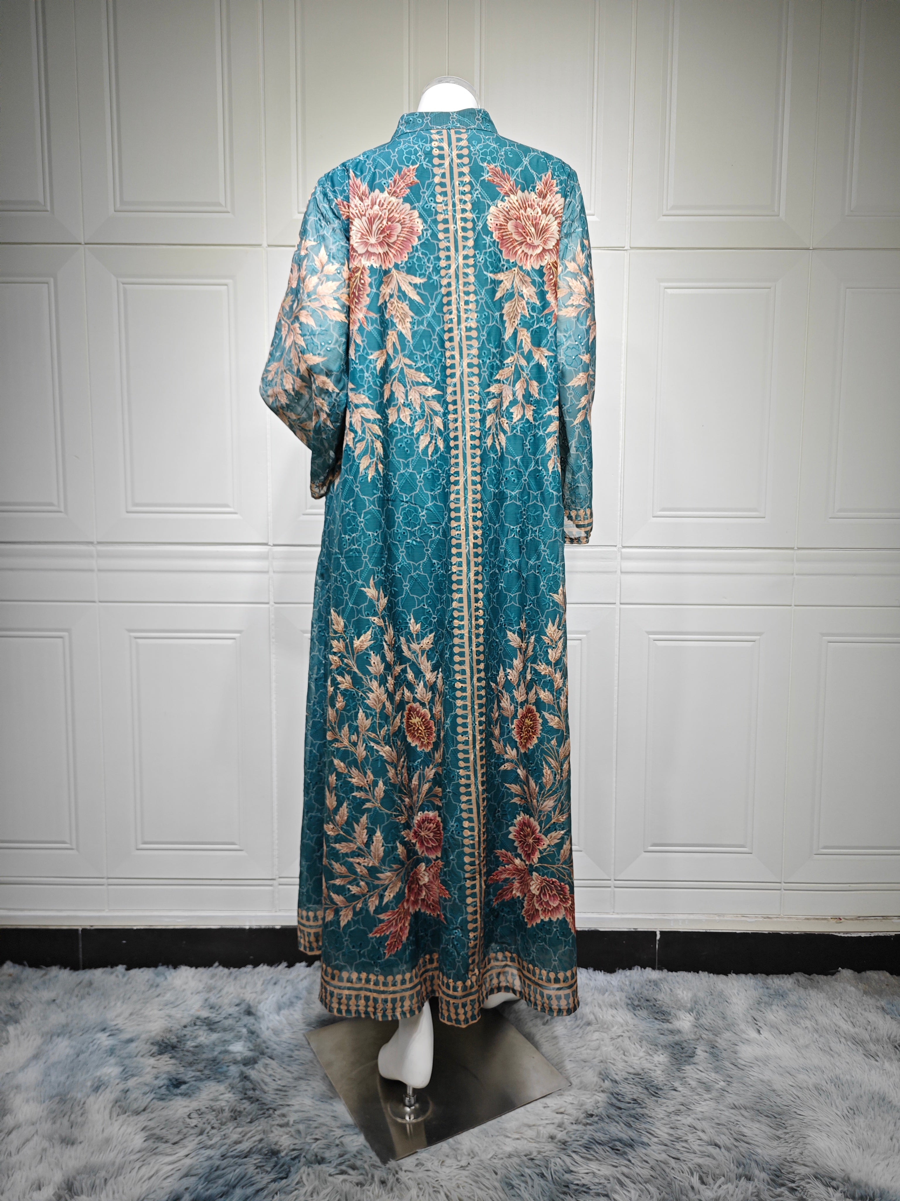 Elegant Peacock Blue Kaftan Abaya Jalabiya Modest Maxi Dress for Muslim Women Eid Ramadan Daily Wear Loose Floor Length Long Robe S-XXL