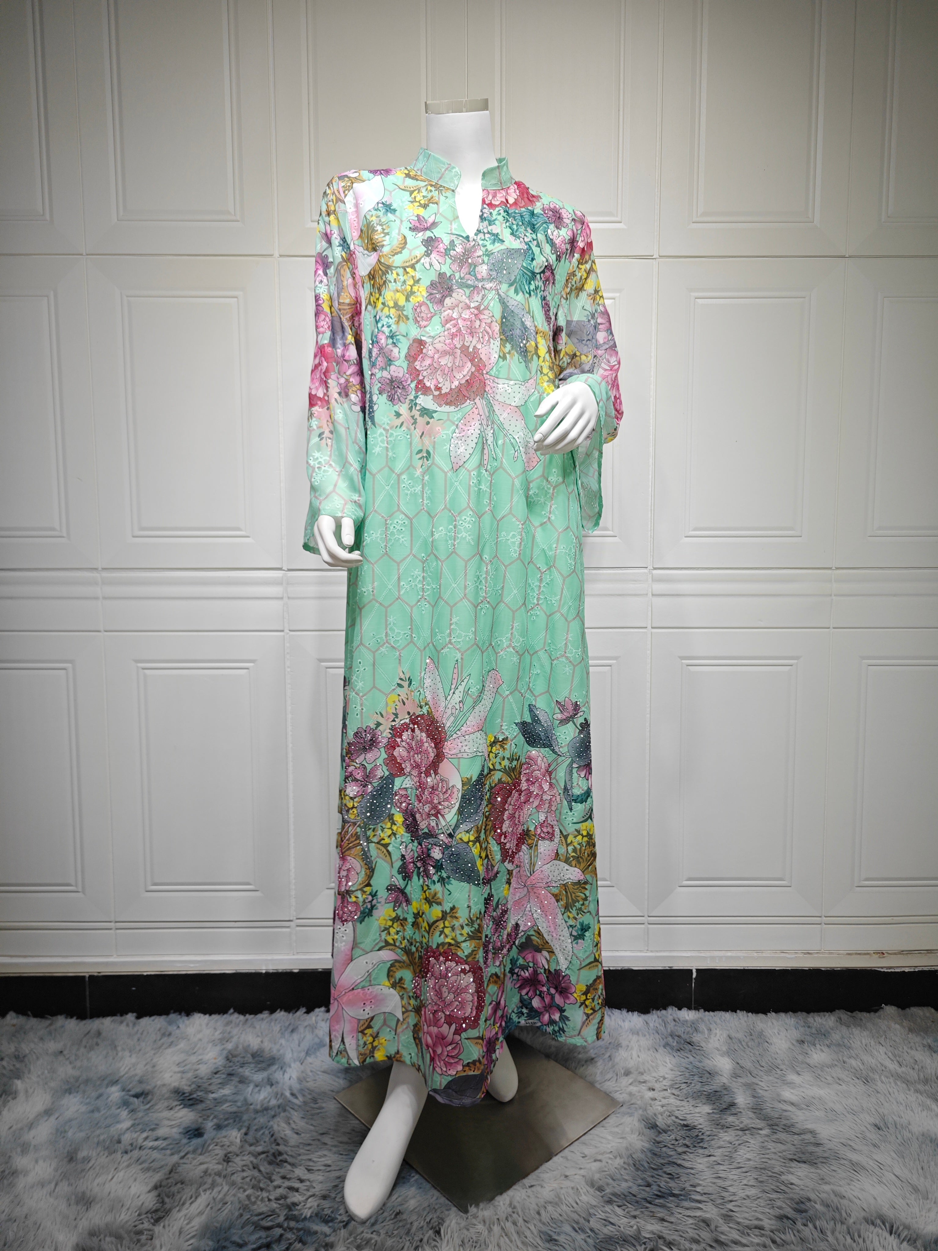 Apricot Green Two Colors Kaftan Abaya Jalabiya Modest Maxi Dress for Muslim Women Eid Ramadan Daily Wear Loose Floor Length Long Robe S-XXL