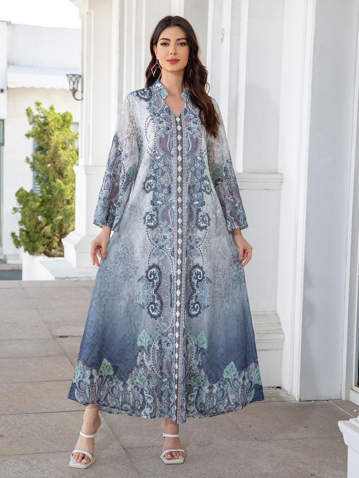 Stunning Blue Rhinestone Abaya – Modest Muslim Embroidered Maxi