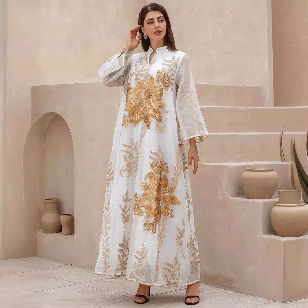Elegant Gold Floral Embroidered Abaya Women White Stand Collar Flared Sleeve Loose Maxi Kaftan Popular Middle East Modest Outfit