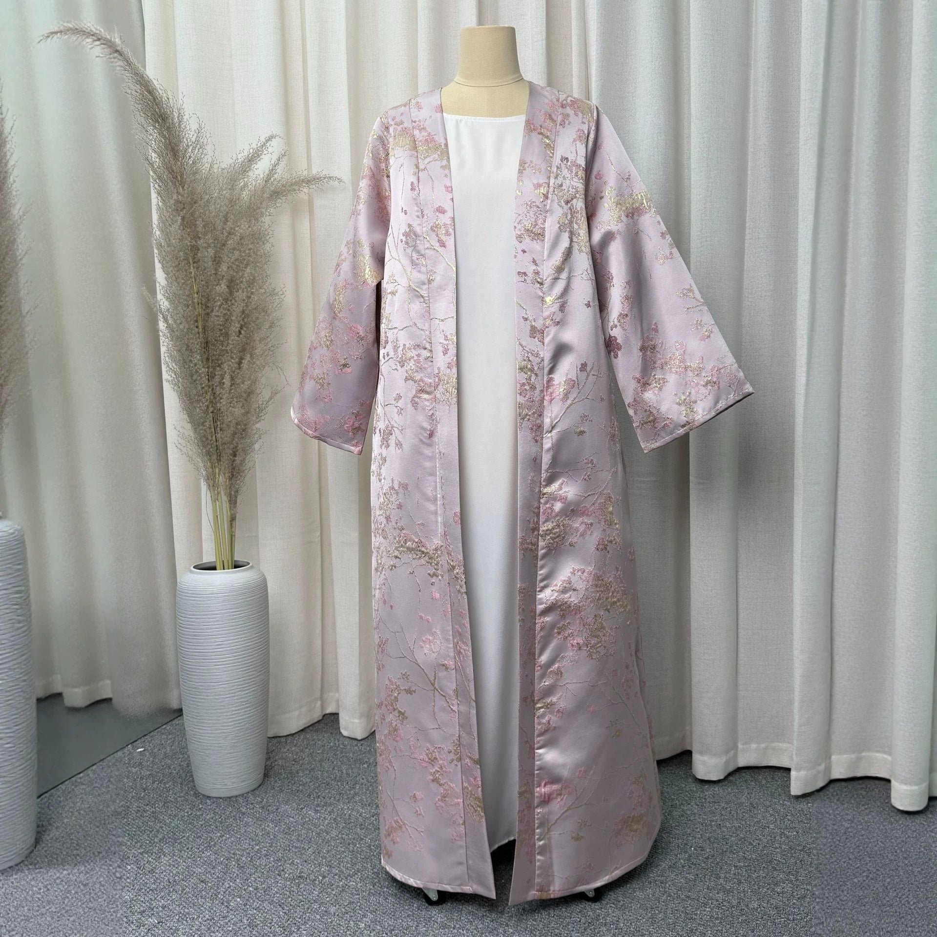Pink Satin Gold Thread Embroidered Open Cardigan Maxi Abaya Dress Jalabiya Modest Long Dress for Eid Ramadan Festive Celebration S-XXL