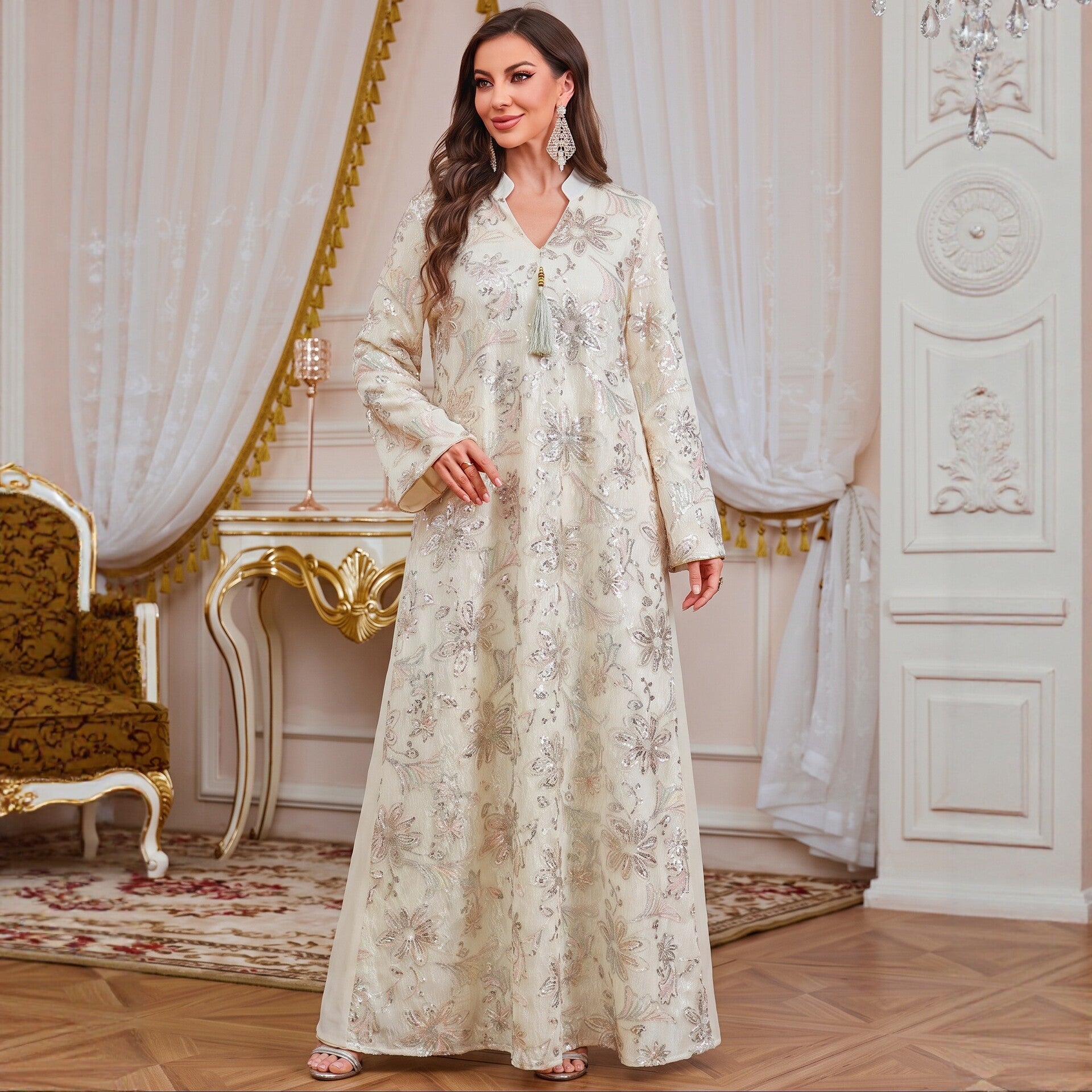 Apricot Pink Light Blue V-Neck Heavy Beaded Embroidered Abaya Maxi Dress