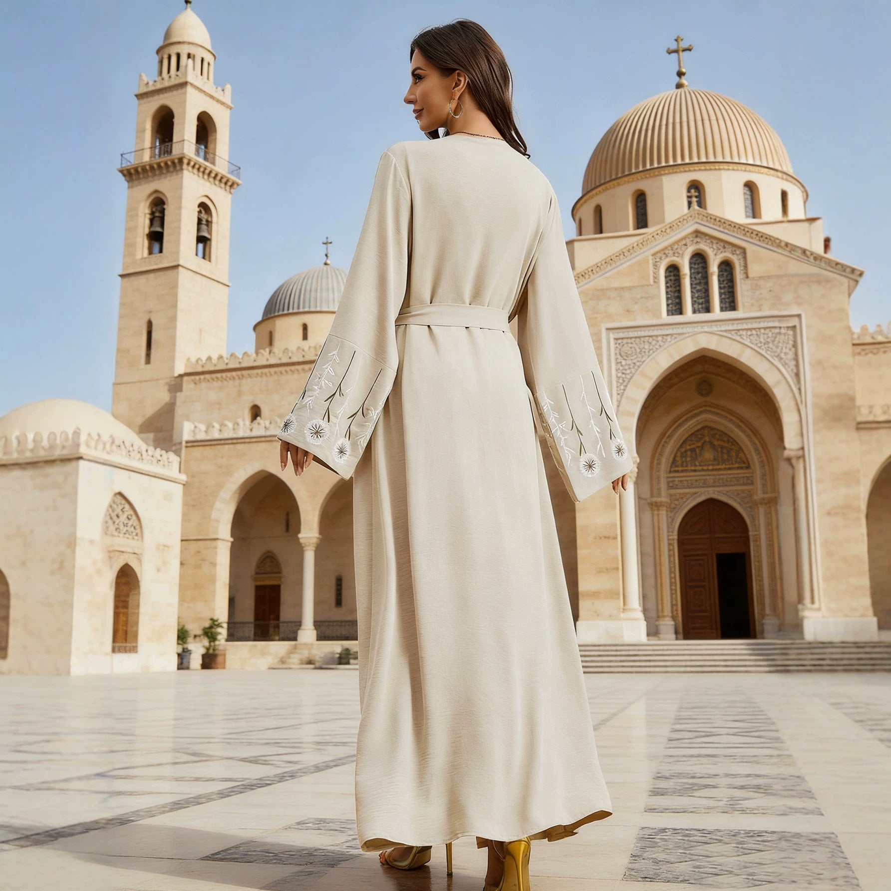 Elegant Belted Embroidered Open Cardigan Modest Maxi Dress with Hijab Muslim Women Abaya Jalabiya Kaftan Set for Ramadan