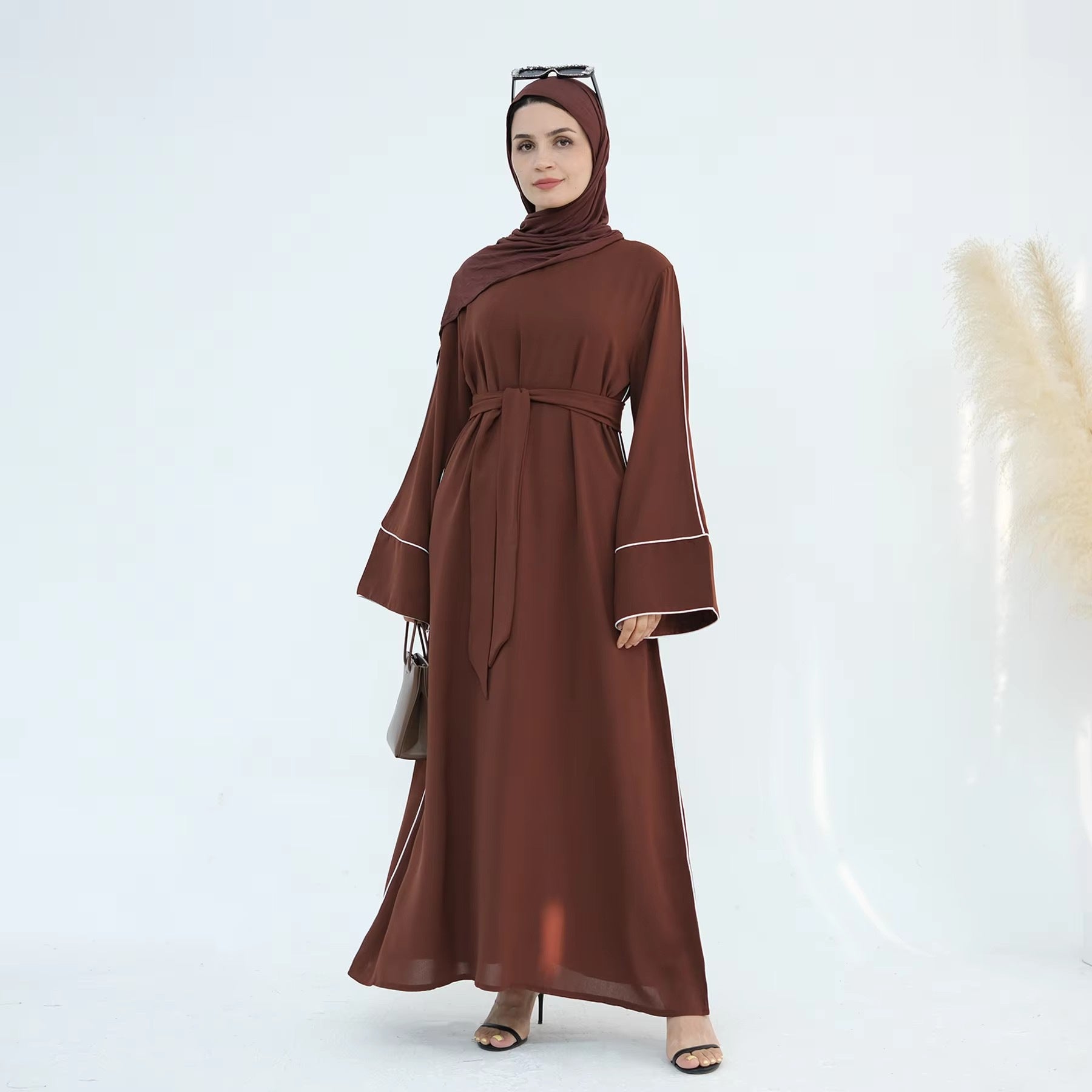 Coffee and Green Tie-Waist Maxi Abaya Dress with Belt