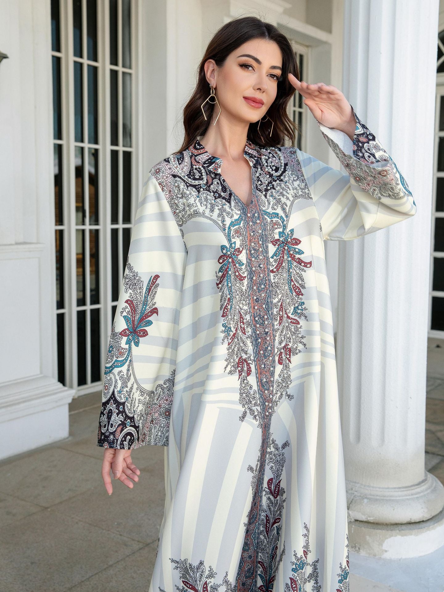 White Floral Print Mandarin Collar Rhinestone Embroidered Maxi Abaya