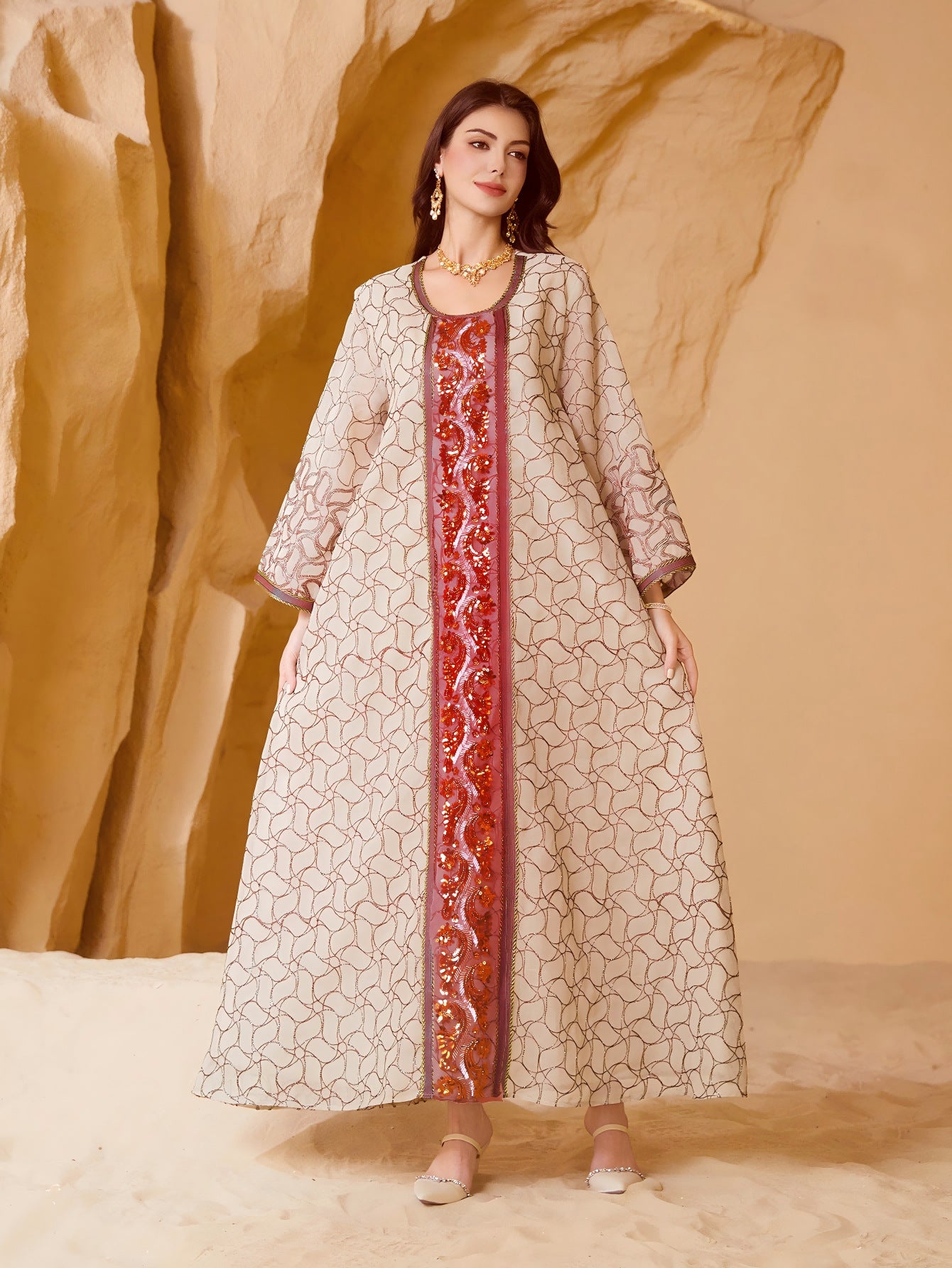 Gulf Islamic Modest Robe Three Tone Green Black Red Crack Jacquard Square Neck Luxury Vertical Sequin Embroidery Wide Bell Sleeve Plus Size Moroccan Caftan For Ladies Formal Evening Occasion