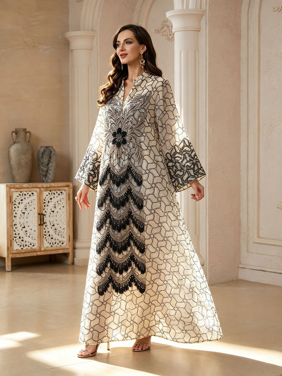 Premium Embroidered Floral Mesh Maxi Abaya Gown for Muslim Women Elegant Arabic Kaftan Robe Eid Ramadan Evening Party Dress