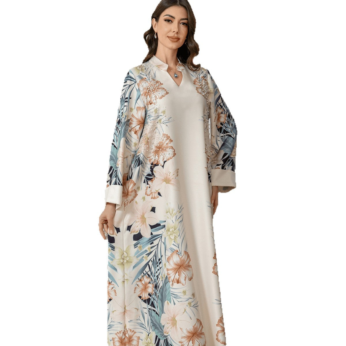 Apricot Purple Blue Printed Abaya - Plus Size African Long Robe