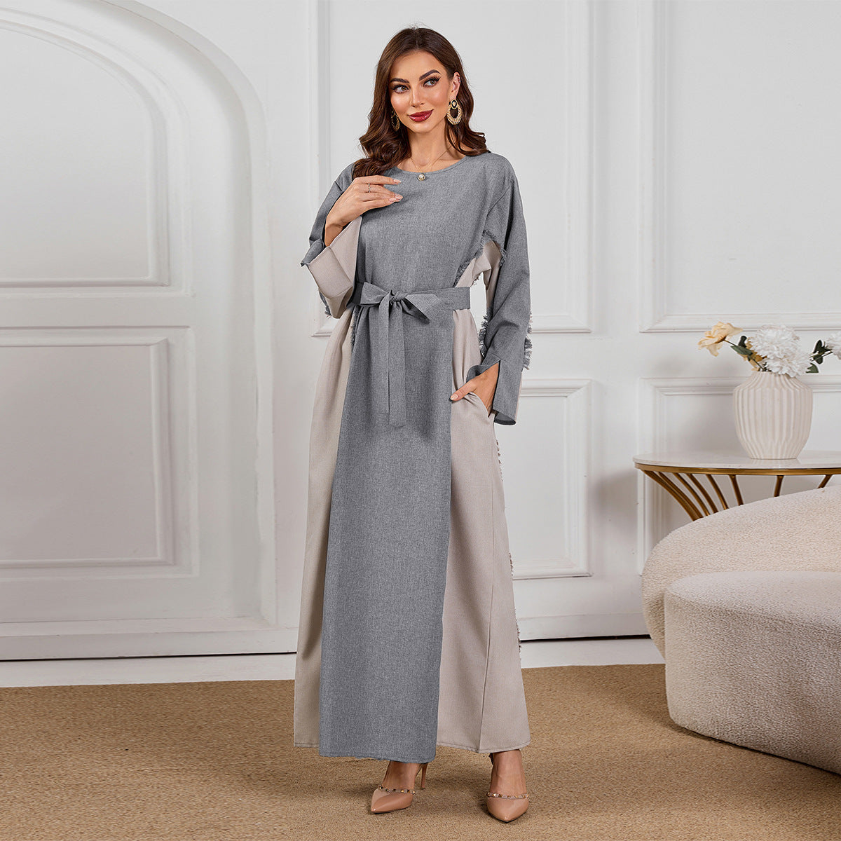Two-Tone Linen Look Elegant Color Block Maxi Dress Abaya Modest Long Gown for Muslim Women Eid Ramadan Banquet M-XL