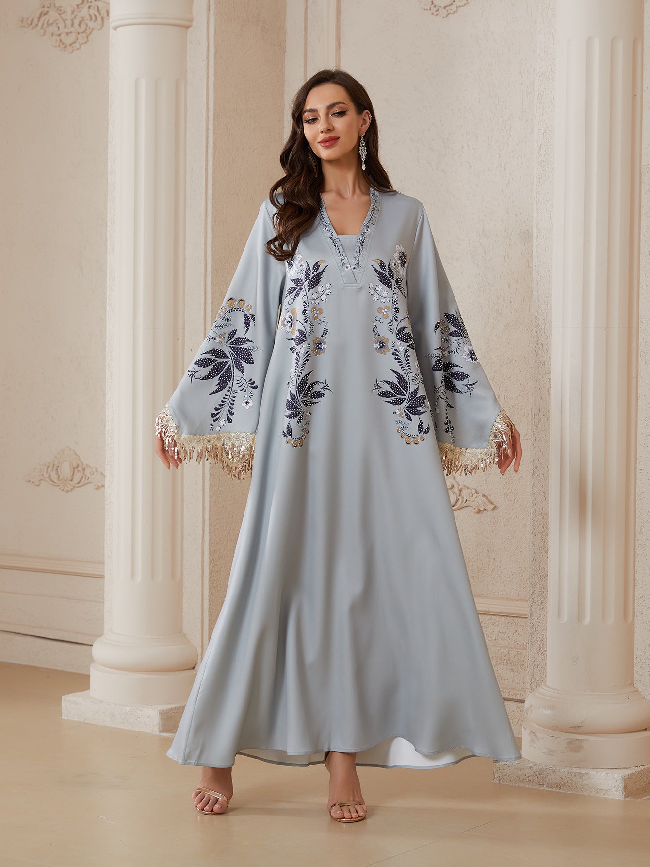 Serene Silver Printed Abaya – Casual Loose Modest Maxi Dress