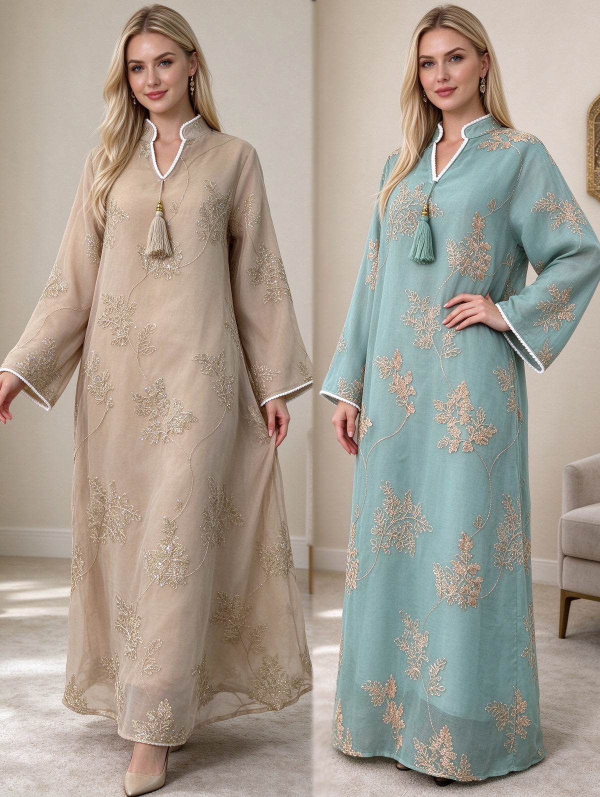 Graceful Mandarin Collar Mesh Embroidered Kaftan Dress with Tassel Detail Modest Maxi Gown for Muslim Women Banquet - 309