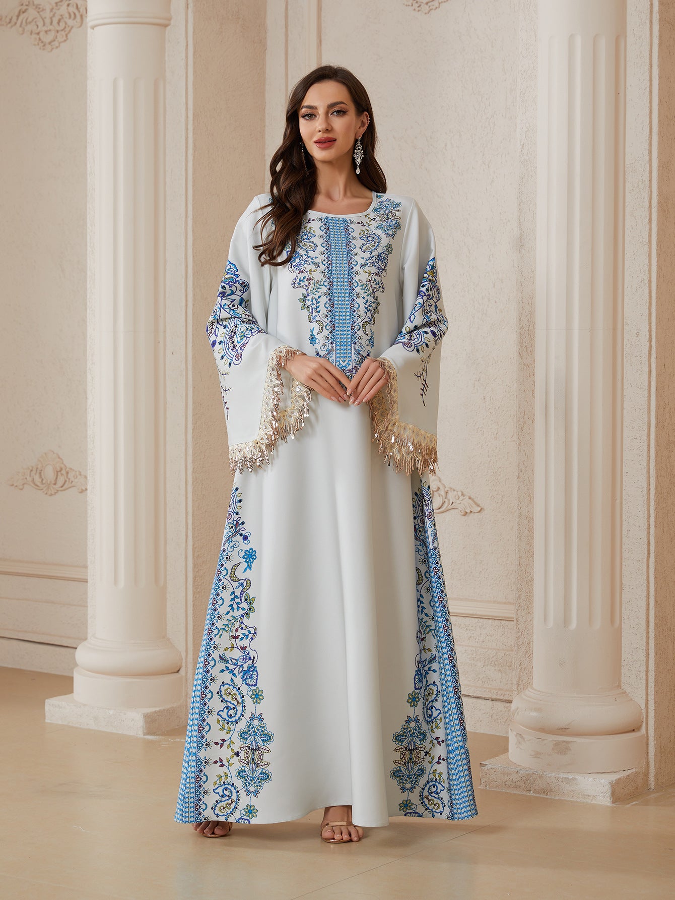Women Stand Collar V Notch All-Around Floral Print Abaya Gold Sequin Fringe Wide Flare Sleeve Maxi Jalabiya Pastel Mint Silky Modest Gown For Eid Mubarak Ramadan Wedding Evening Party