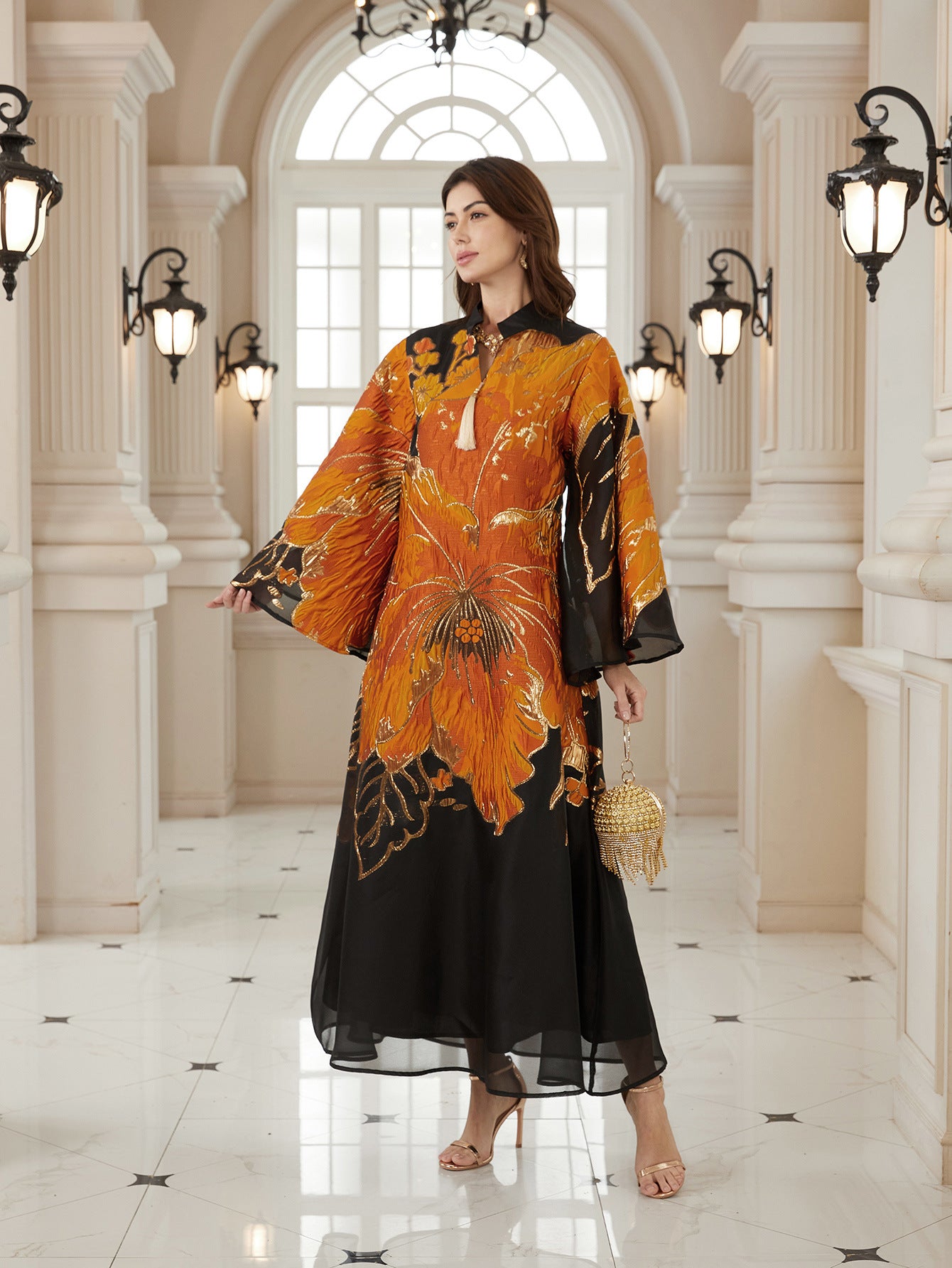 New Arrival Cross-Border Elegant Ready-to-Wear Muslim Abaya Dress with Creative Floral Art Patterns