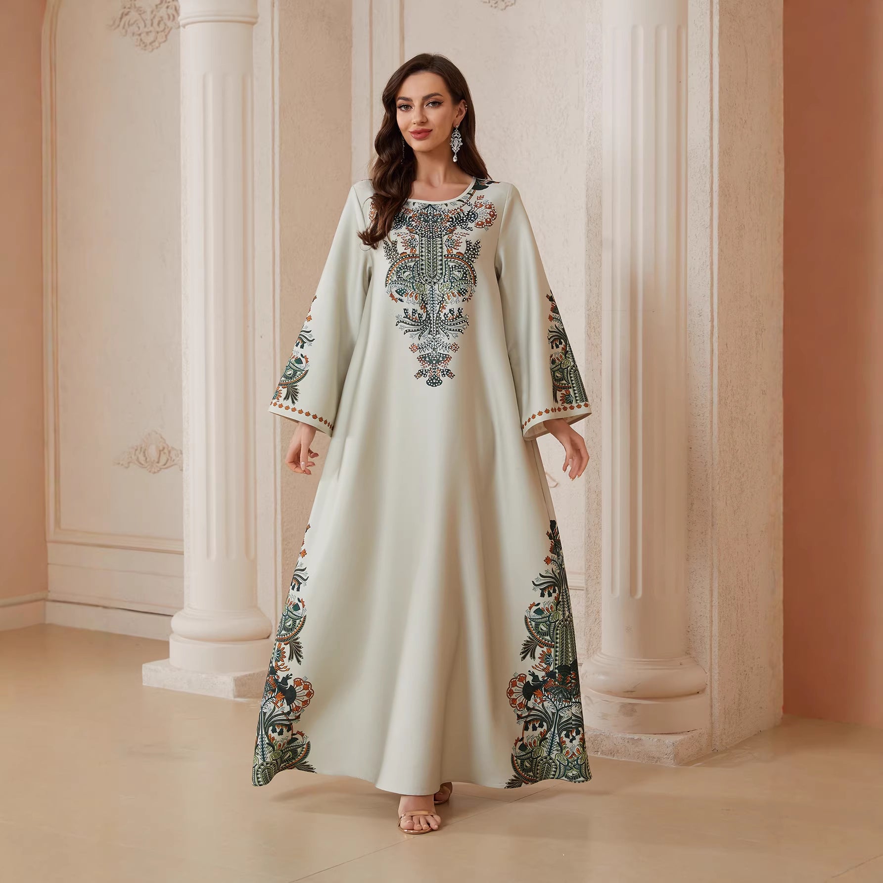 Neutral Light Grey Cream Matte Crepe Long Kaftan Robe For Ladies Round Neck Oversized Flare Sleeve With Central Paisley Floral Print Full Length Formal Modest Outfit