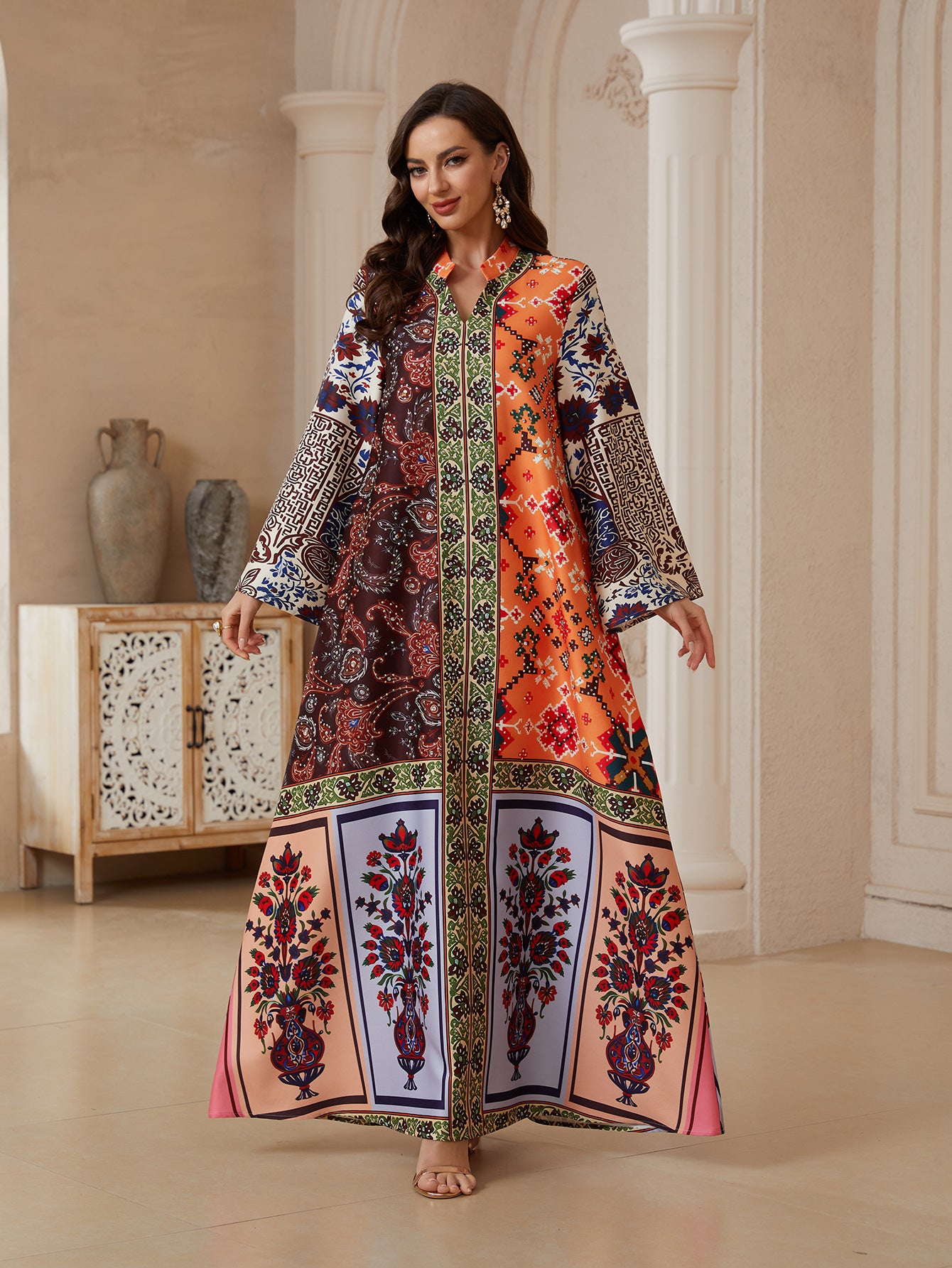 Floral Print Pullover Abaya Robe - Modest Muslim Dress for Women