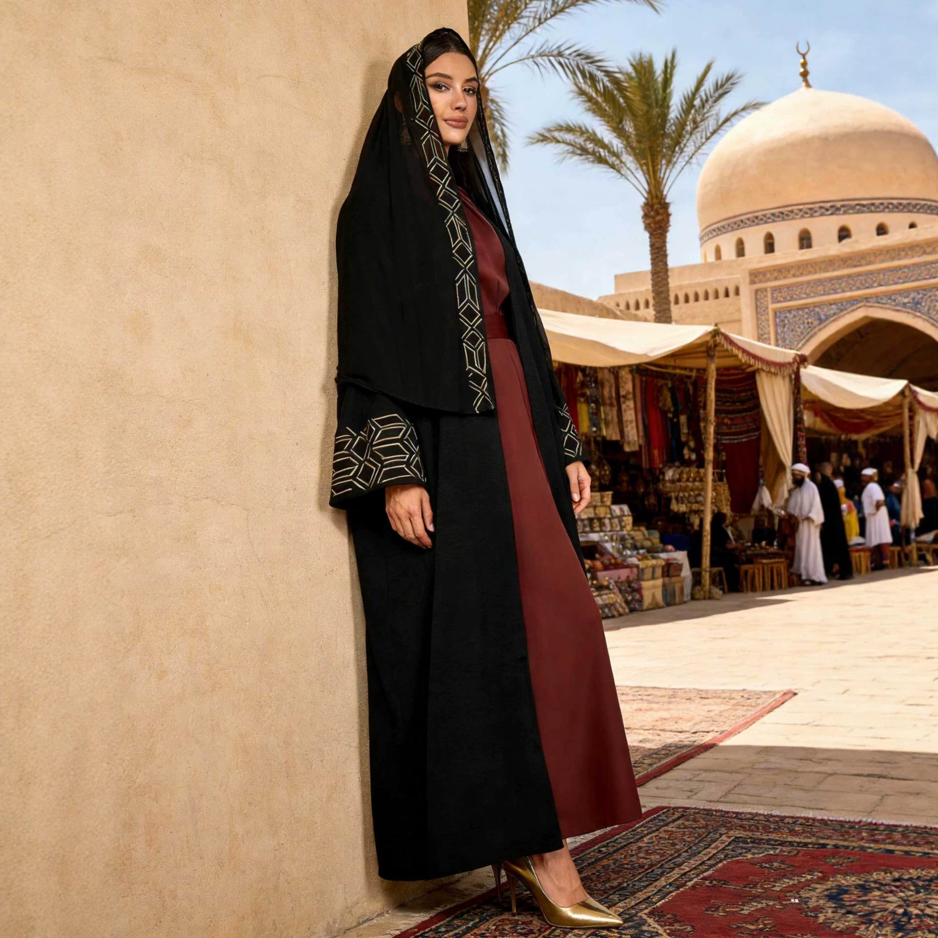 Black Embroidered Open Outerwear Maxi Abaya Dress with Hijab Two-Piece Set - Free Size