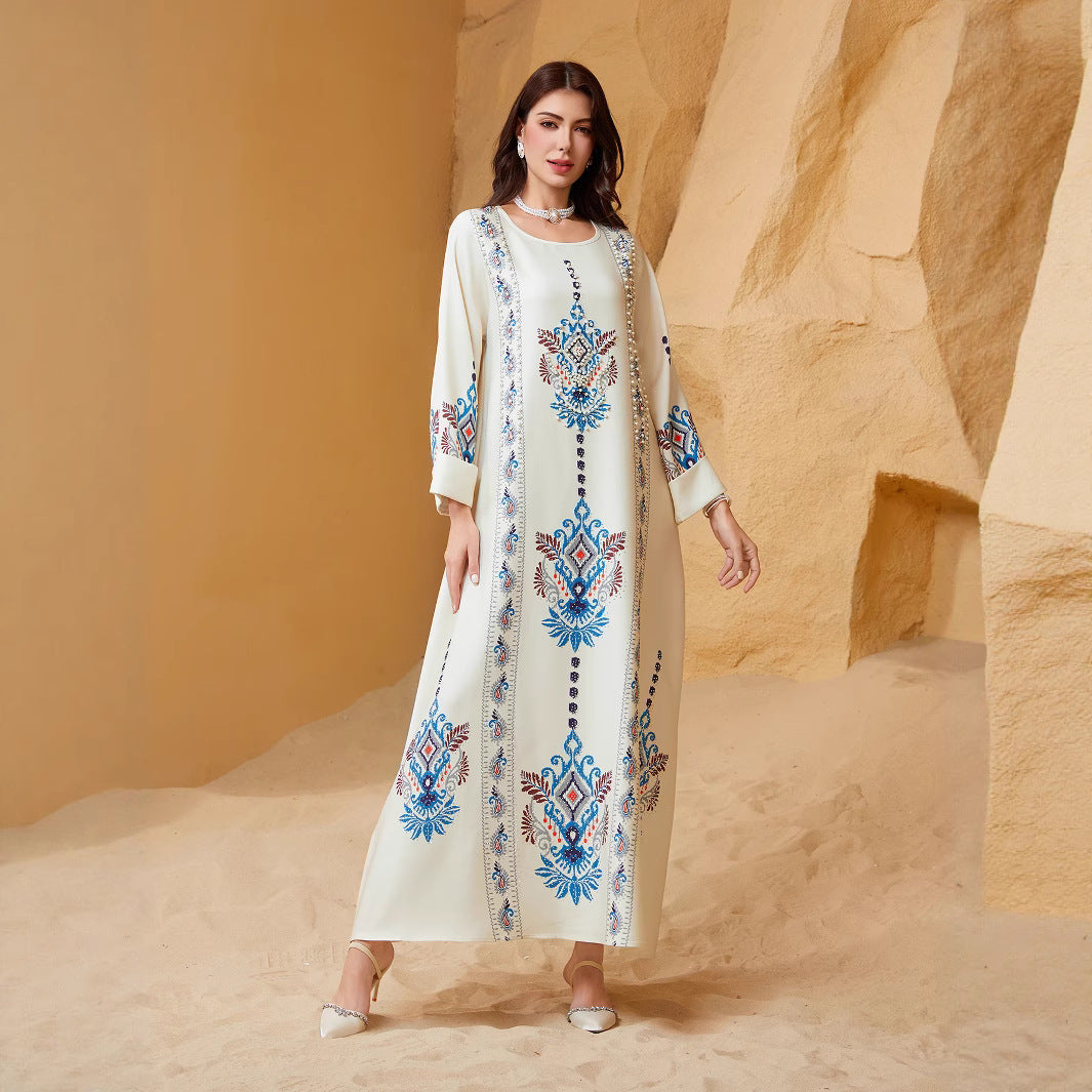 White Printed Abaya Maxi Dress - Flowing Modest Muslim Robe