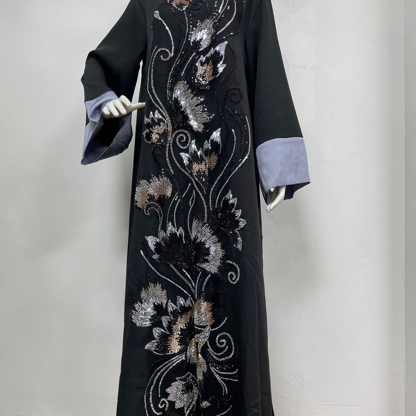 Premium Sequined Floral Embroidered Abaya Women Black Tone Mandarin Collar Contrast Lilac Wide Cuff Floor Length Loose Modest Outfit For Middle East Wedding & Eid Celebration