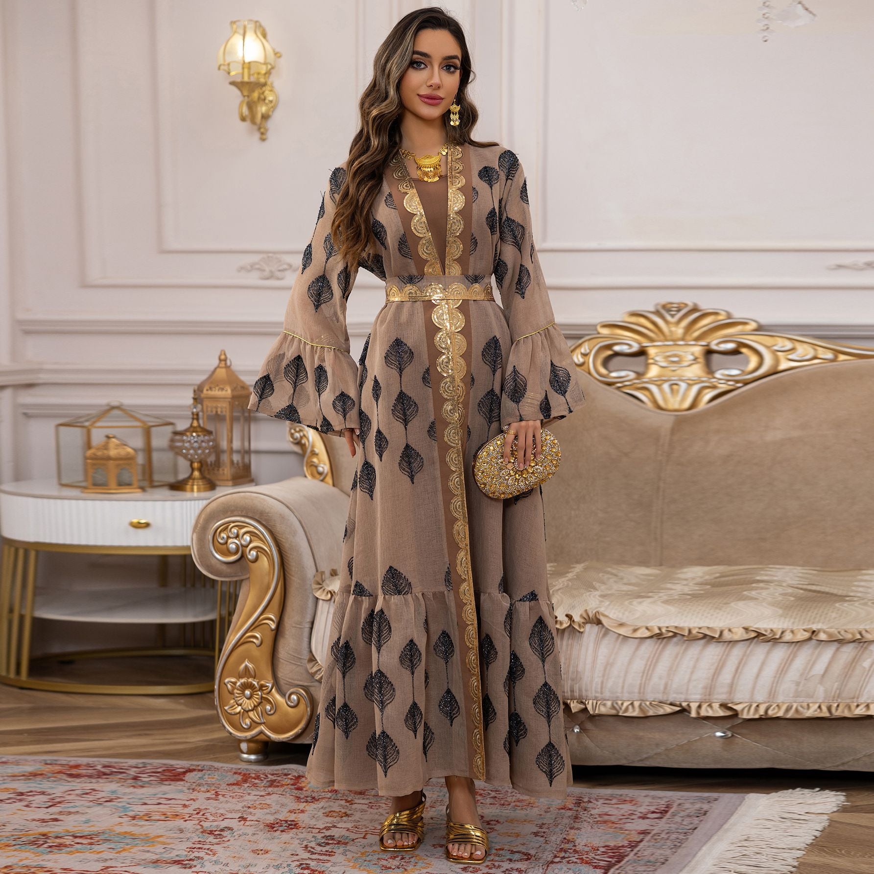 Khaki Embroidered Mesh Floral Pullover Maxi Dress Set with Vest