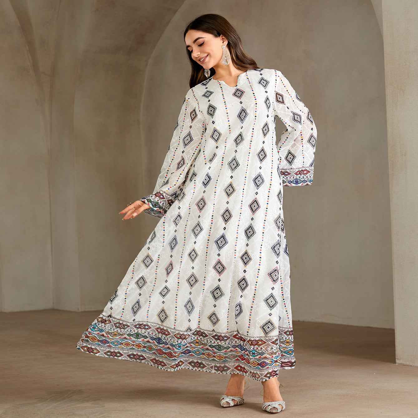 Embroidered Geometric Diamond Print V-Neck Gown Jalabiya Modest Loose Maxi Dress for Muslim Women Eid Ramadan S-XXL