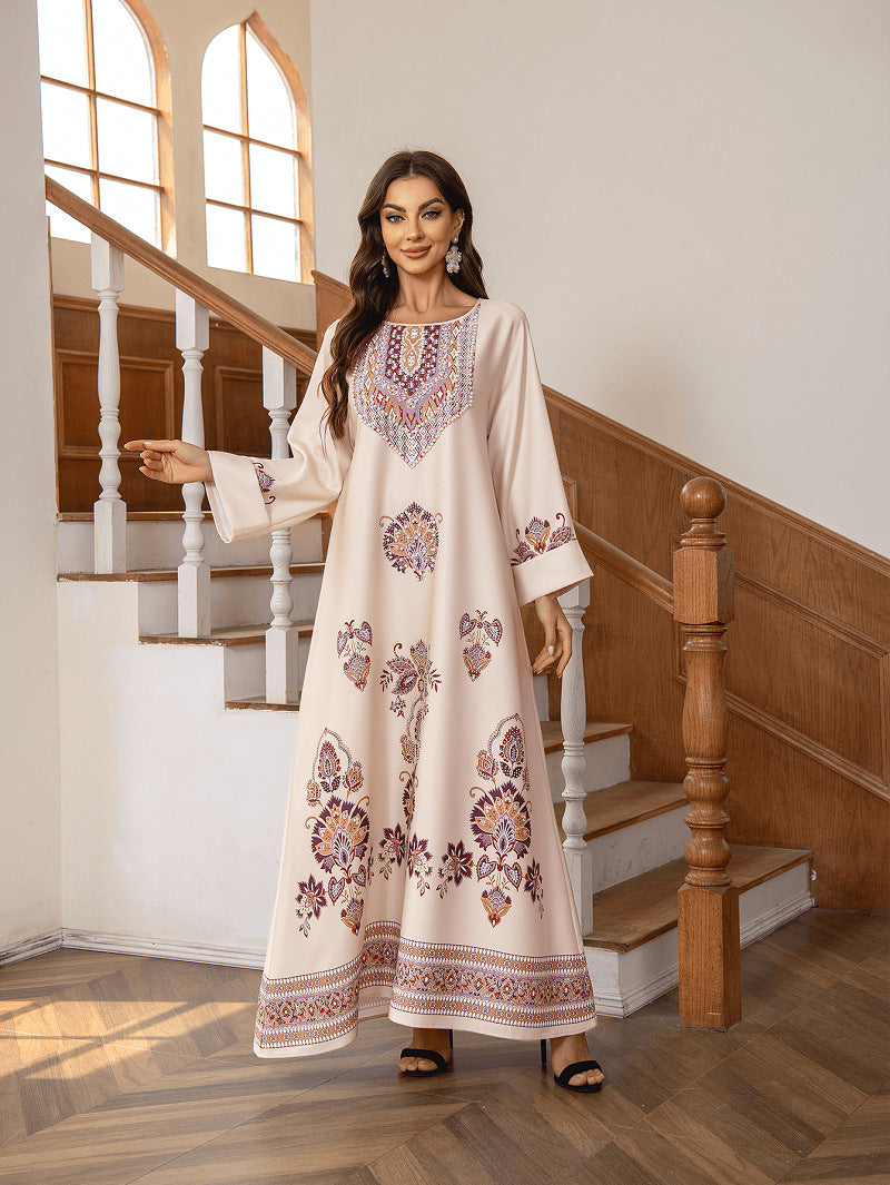 Elegant Khaki Brown & Nude Two-Tone Printed Round Neck A-Line Kaftan Abaya with Rhinestone Beaded Jalabiya Modest Maxi Dress for Muslim Women Eid Ramadan Daily Wear Loose Floor Length Long Robe S-XXL