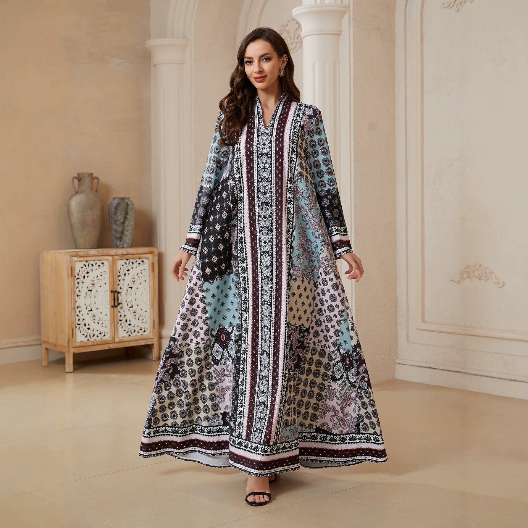 Floral V-Neck Long Sleeve Abaya - Modest Muslim Dress Ramadan Eid