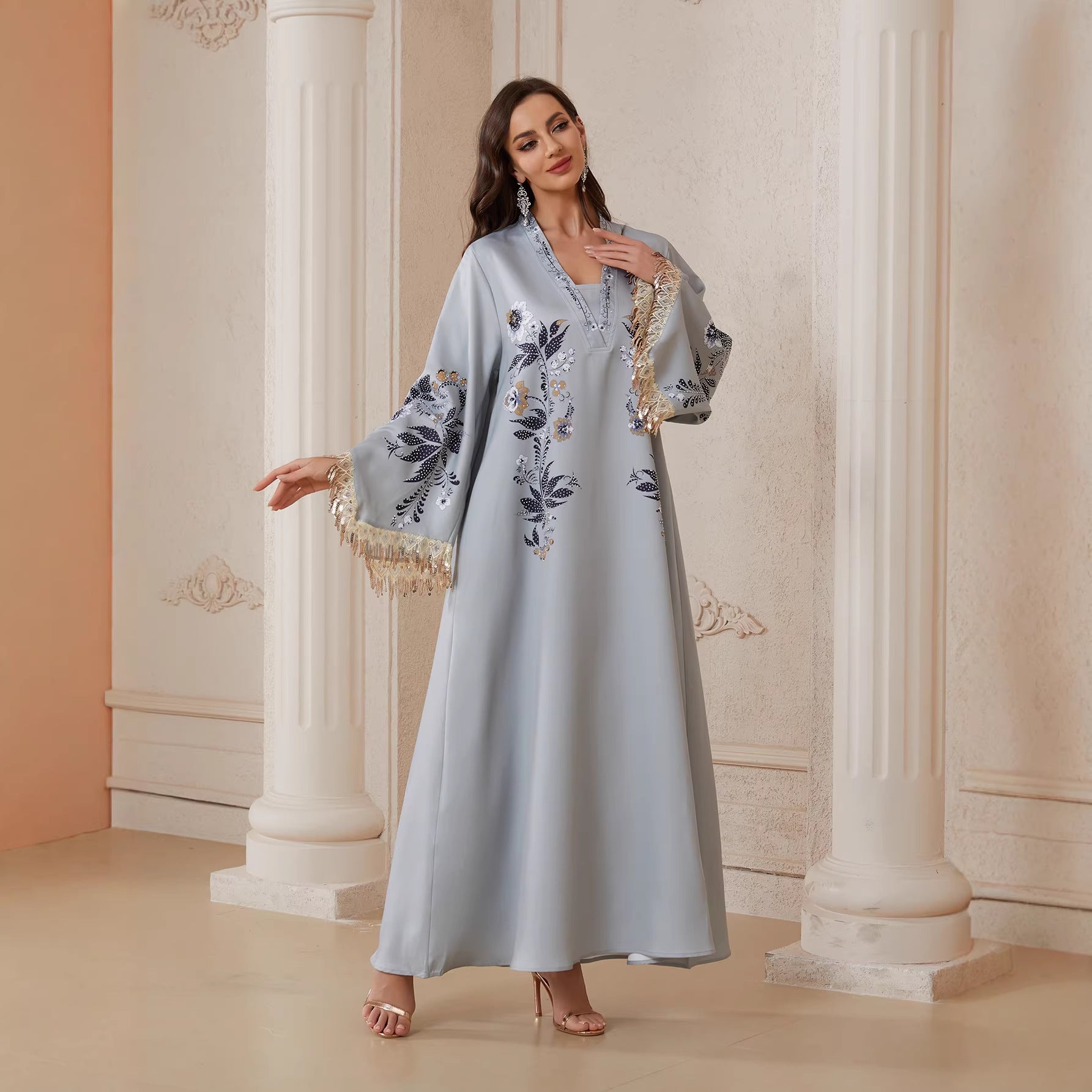 Serene Silver Printed Abaya – Casual Loose Modest Maxi Dress