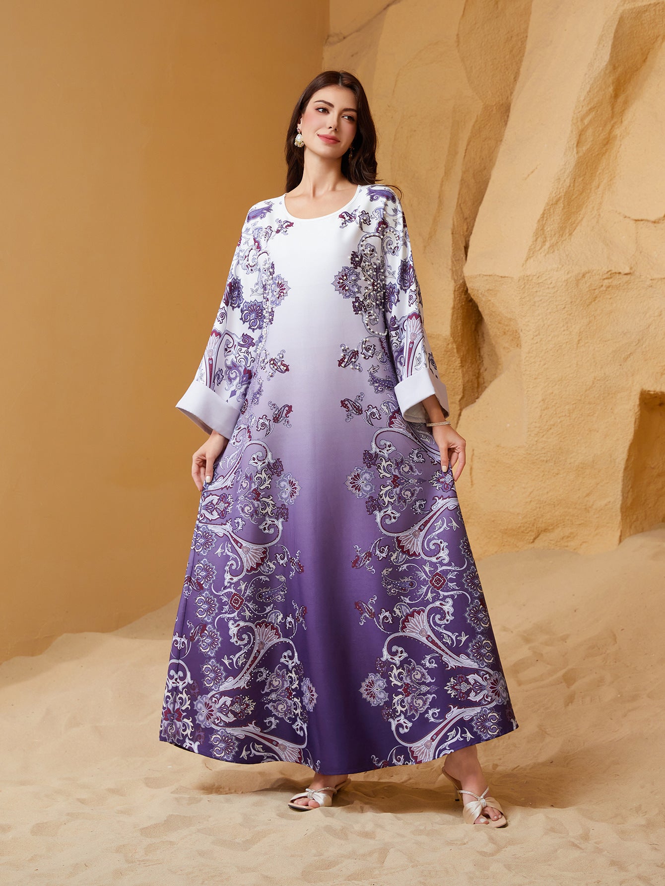 Purple Rhinestone Beaded Round Neck Floral Maxi Abaya Dress