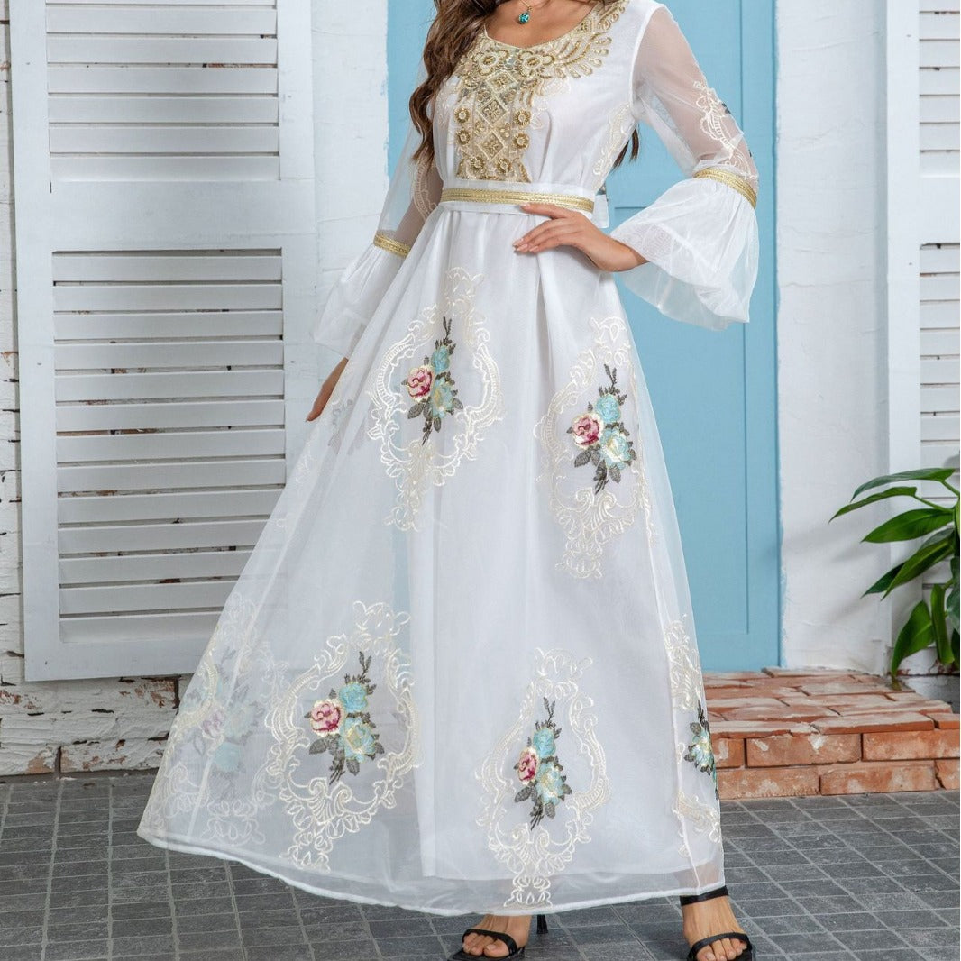 Radiant White Embroidered Abaya – Modest Evening Maxi Robe