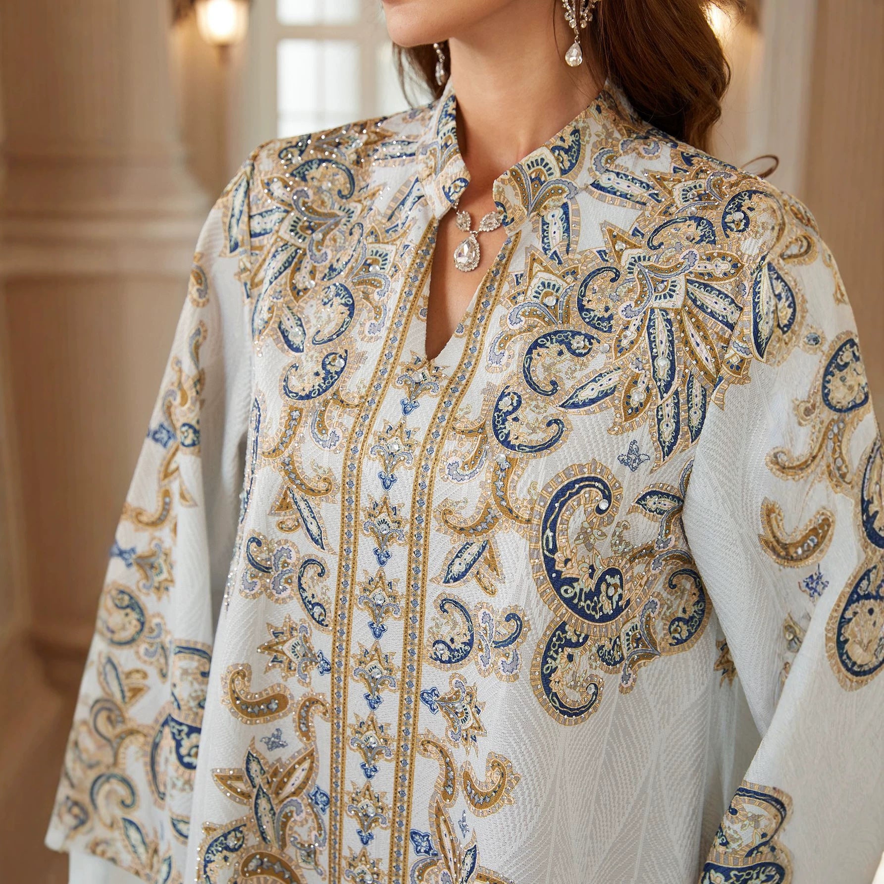 Elegant Paisley Print Stand Collar Abaya Dress Loose Flare Long Sleeve Muslim Women Maxi Kaftan Robe For Party Daily Wear